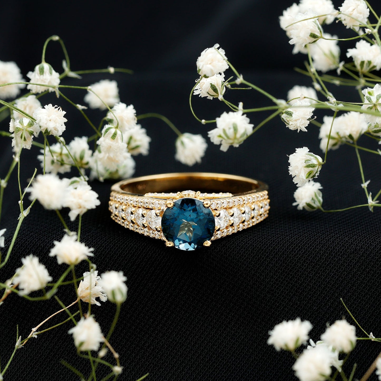 2 Carat London Blue Topaz Statement Engagement Ring with Side Stones