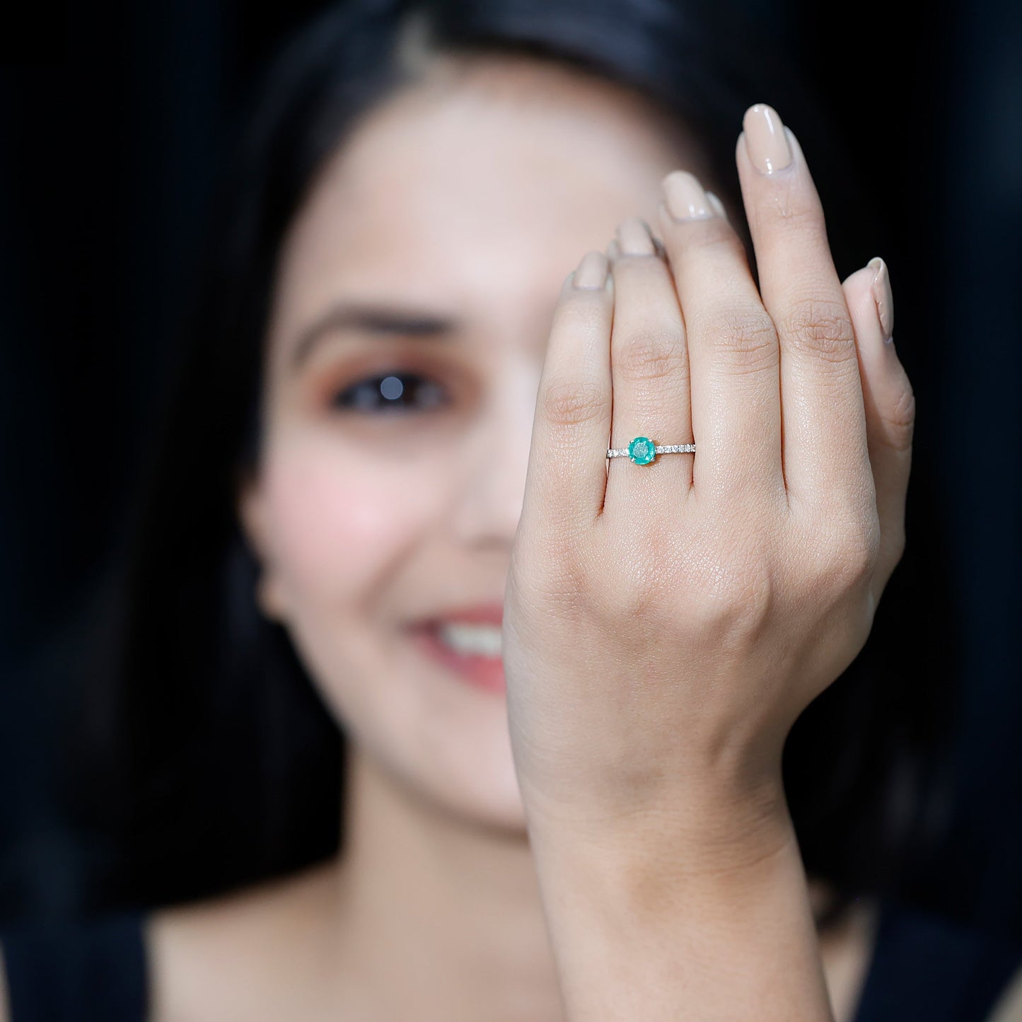 Natural Emerald Promise Ring with Diamond Side Stones
