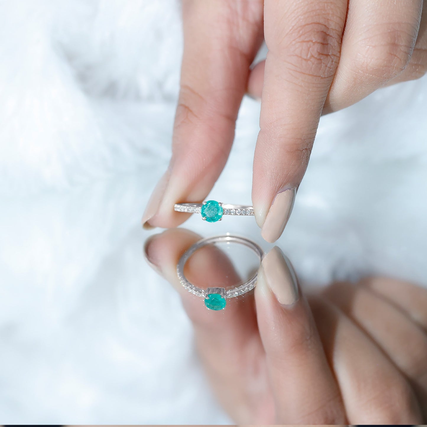 Natural Emerald Promise Ring with Diamond Side Stones