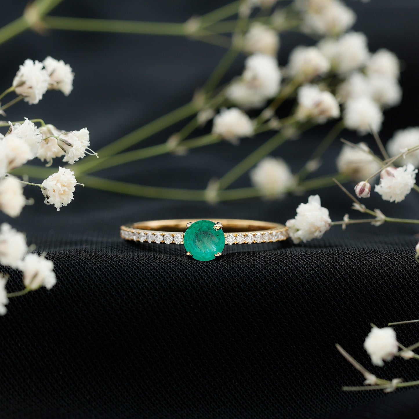 Natural Emerald Promise Ring with Diamond Side Stones