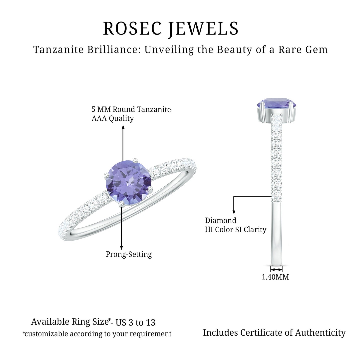 Certified Real Solitaire Tanzanite Promise Ring with Diamond