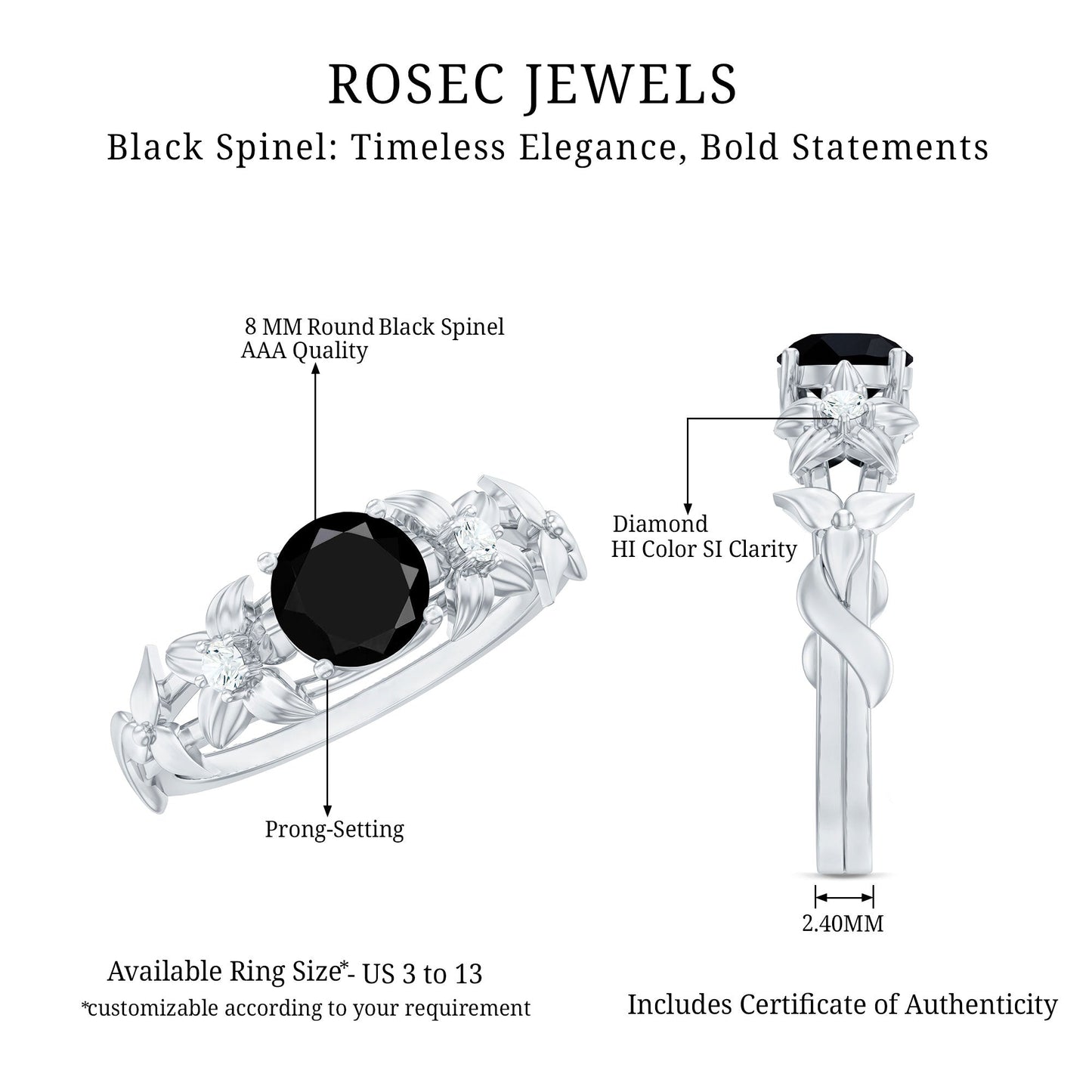 Nature Inspired Black Spinel Engagement Ring with Diamonds