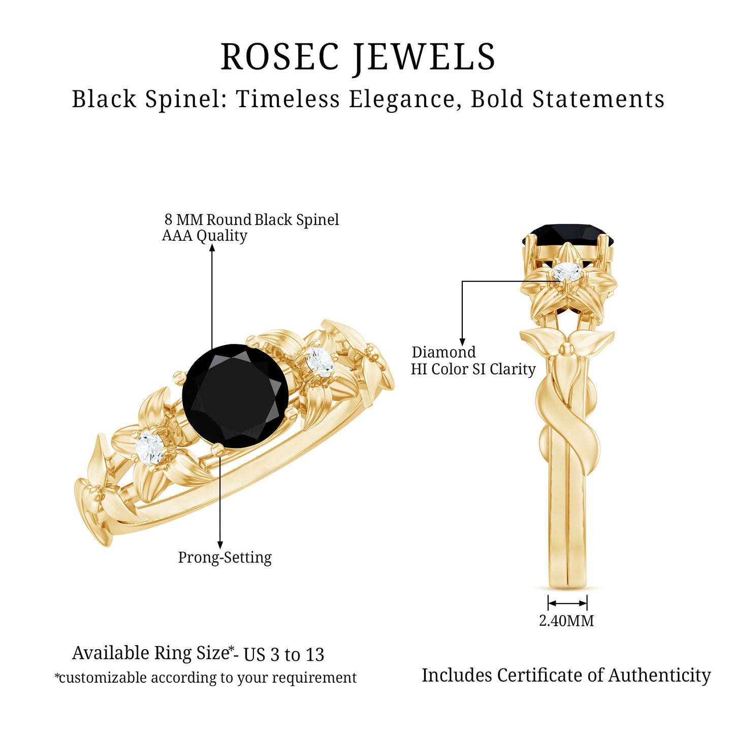 Nature Inspired Black Spinel Engagement Ring with Diamonds