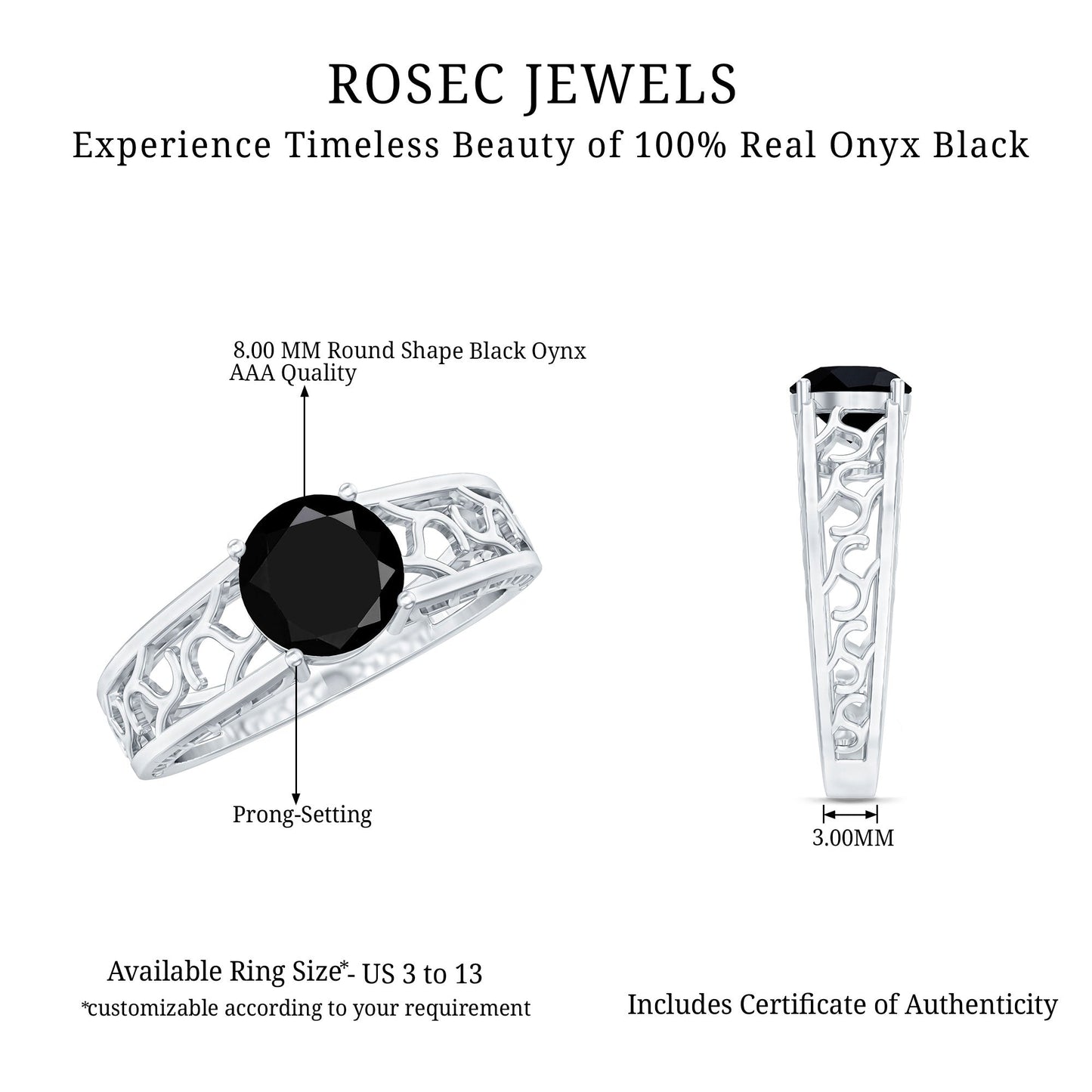2 Carat Round Black Onyx Filigree Engagement Ring with Certificate