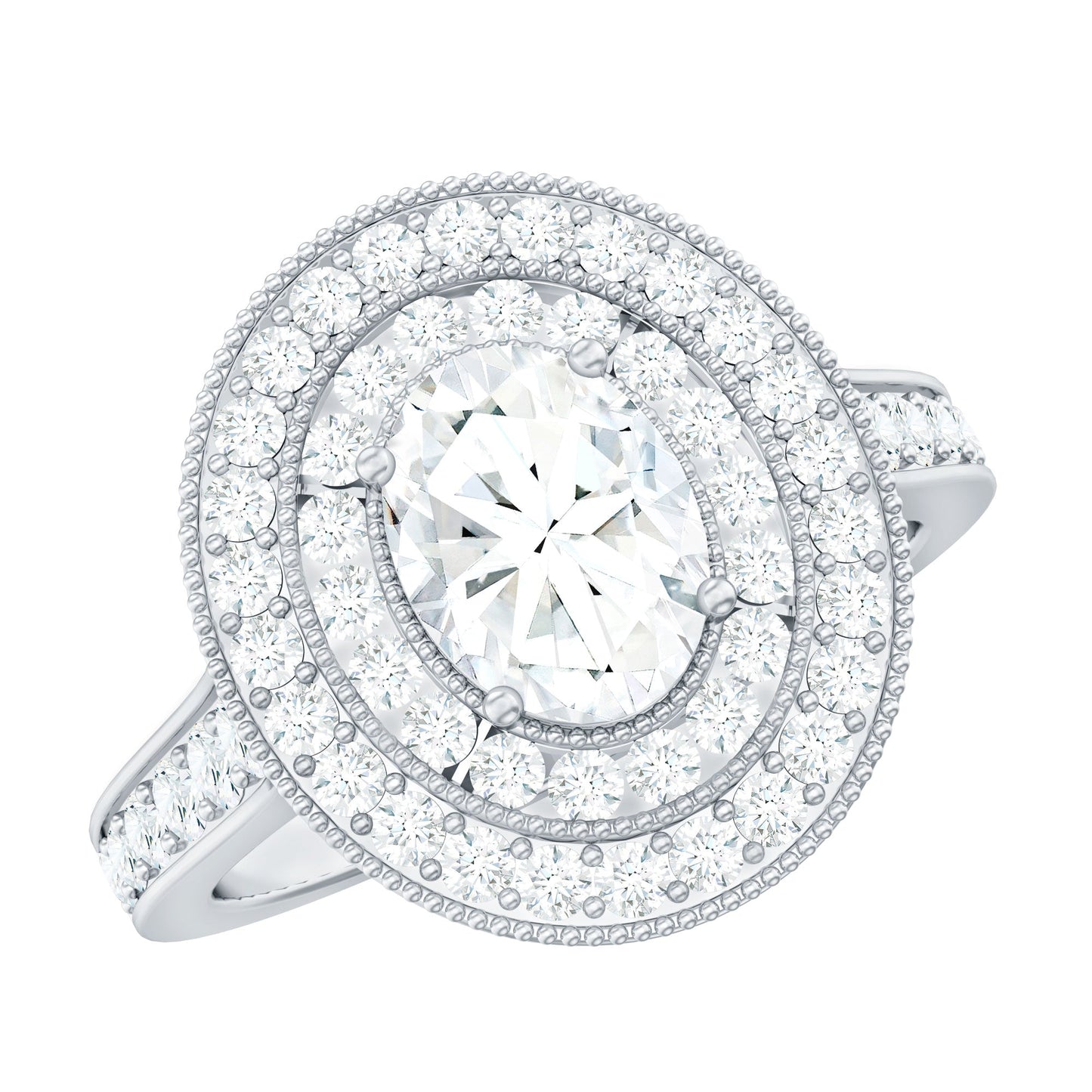 Milgrain Embellished Oval Moissanite Double Halo Engagement Ring