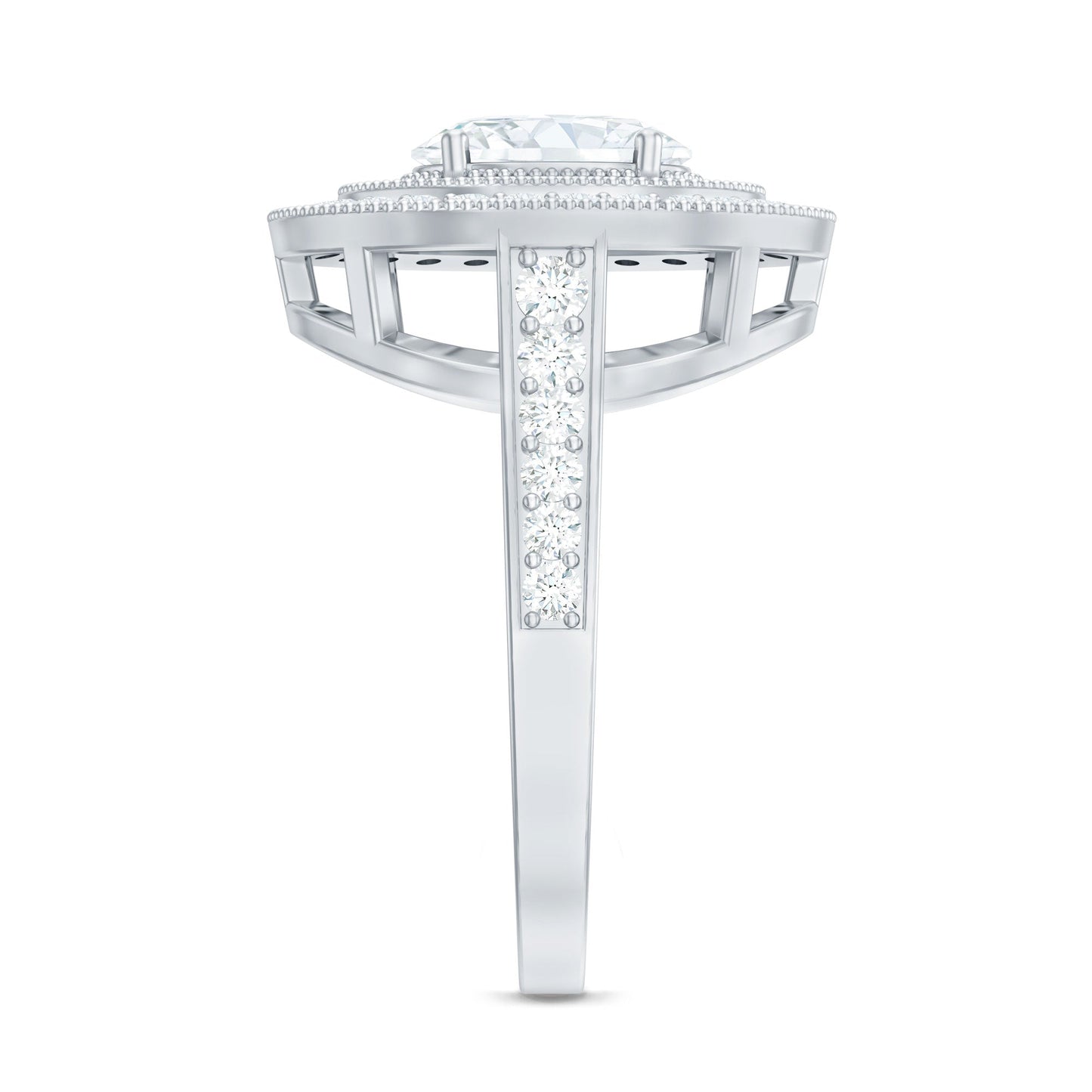 Milgrain Embellished Oval Moissanite Double Halo Engagement Ring