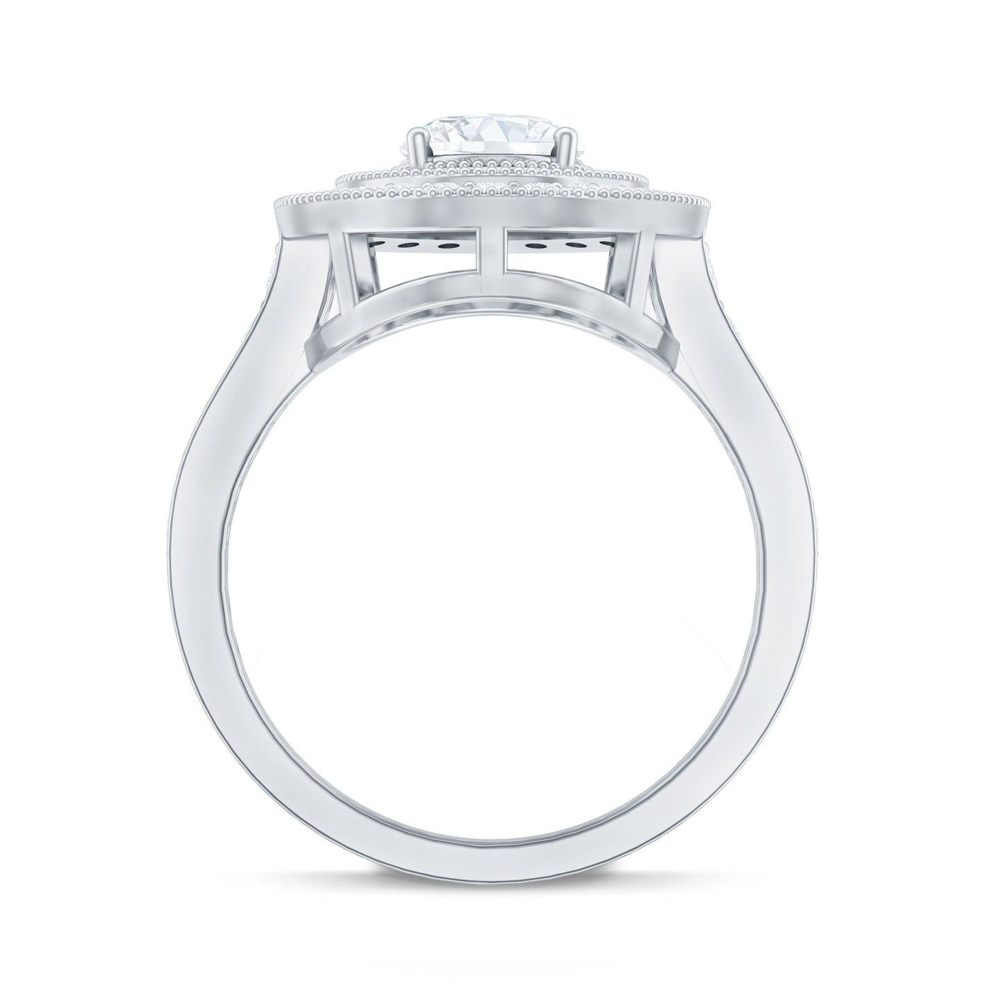 Milgrain Embellished Oval Moissanite Double Halo Engagement Ring