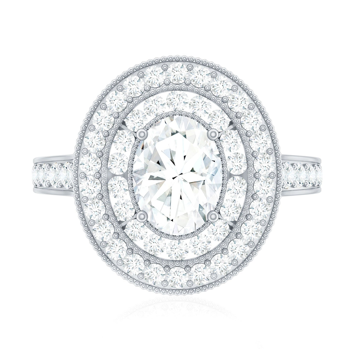 Milgrain Embellished Oval Moissanite Double Halo Engagement Ring