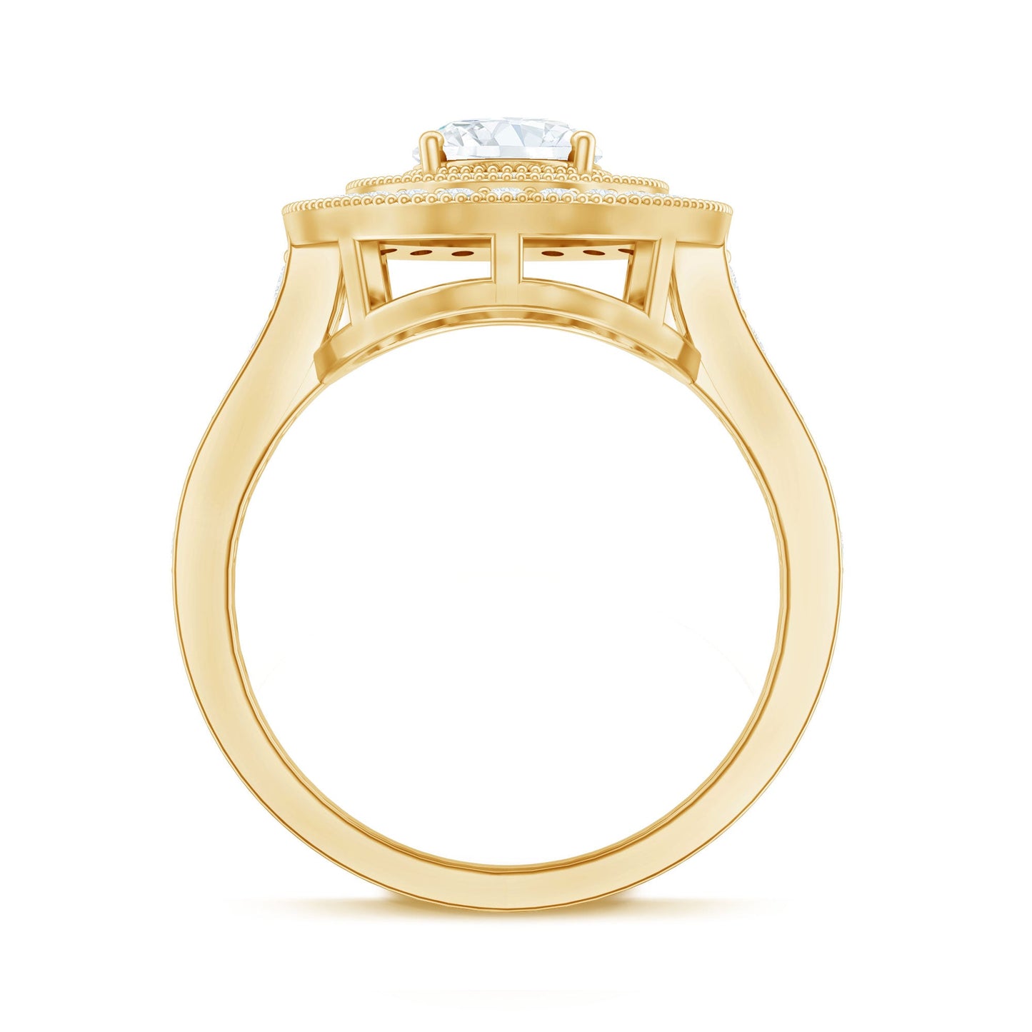Milgrain Embellished Oval Moissanite Double Halo Engagement Ring