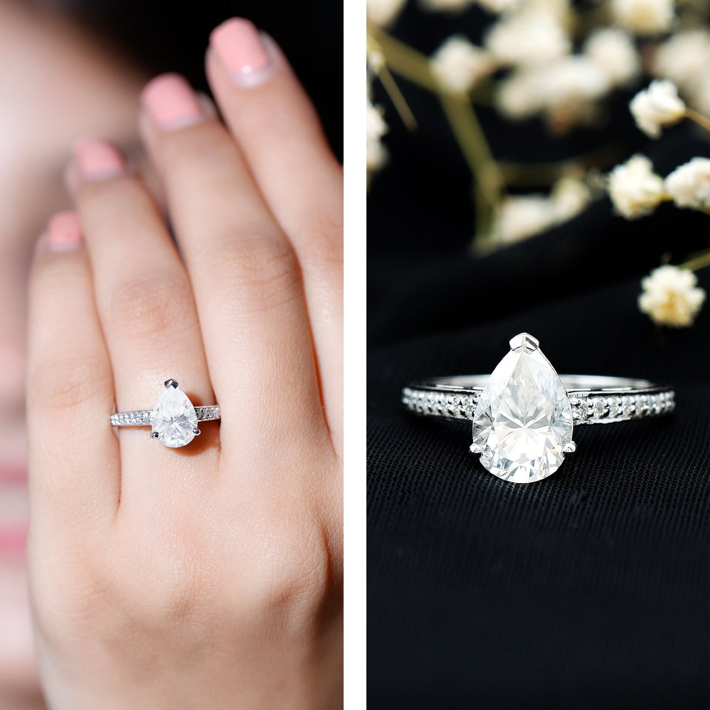 Classic Pear Cut Moissanite Solitaire Engagement Ring With Side Stones