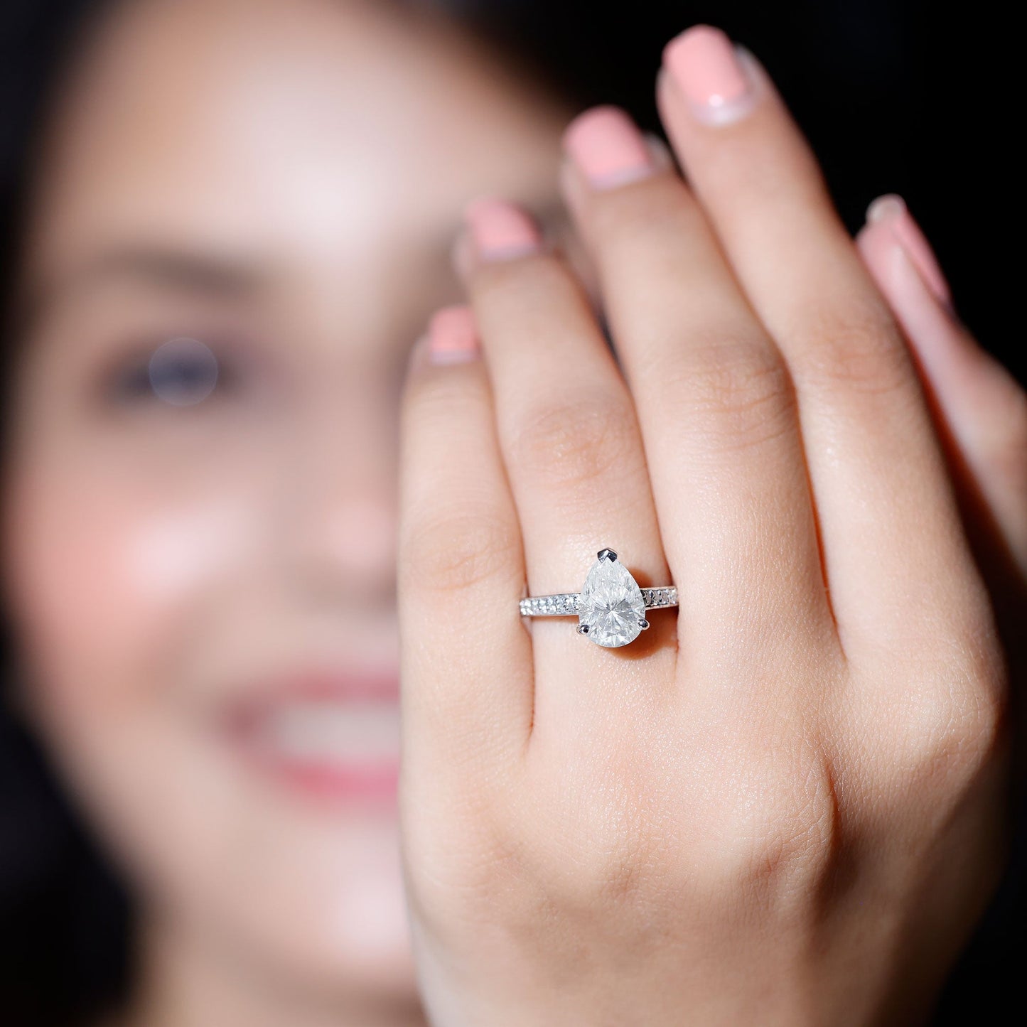 Classic Pear Cut Moissanite Solitaire Engagement Ring With Side Stones
