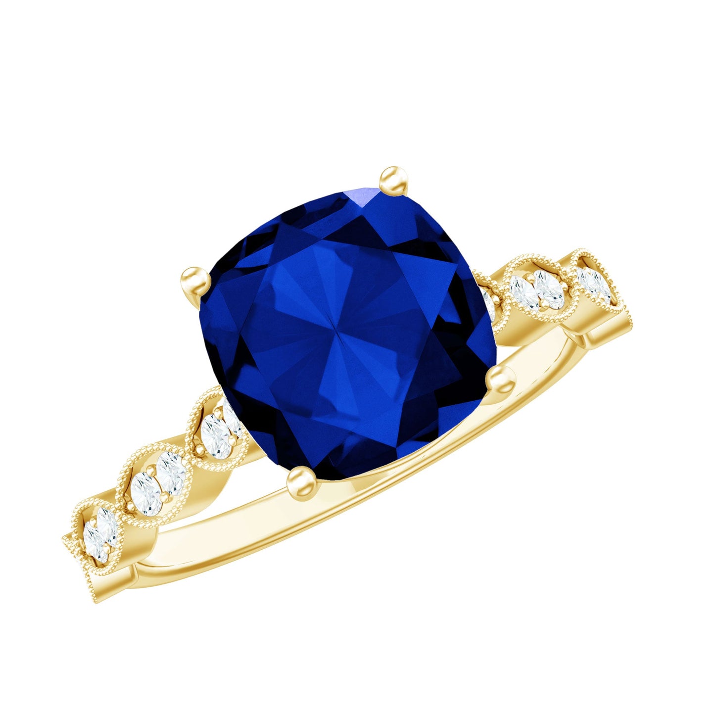 Certified 2.75 Carat Lab Grown Blue Sapphire Cushion Cut Engagement Ring with Diamond