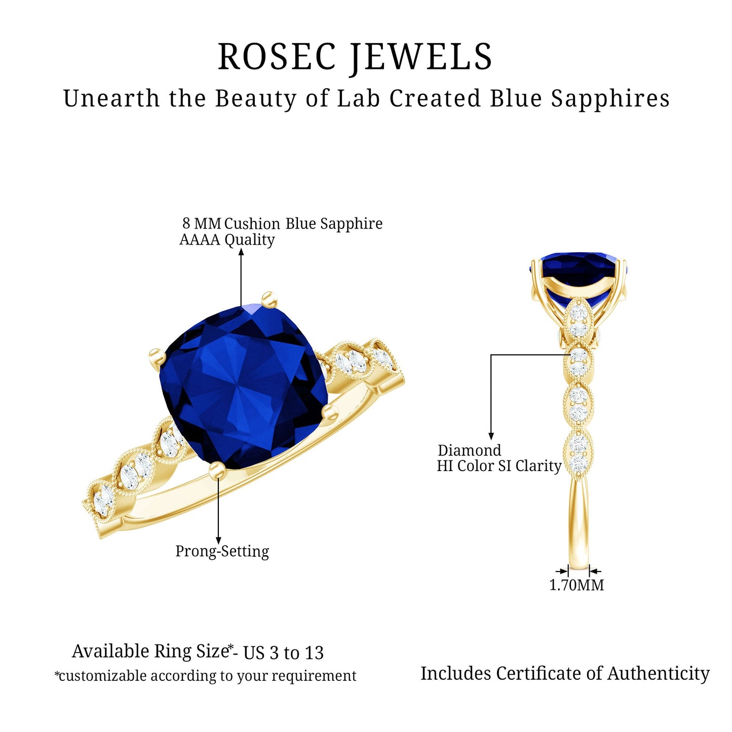 Certified 2.75 Carat Lab Grown Blue Sapphire Cushion Cut Engagement Ring with Diamond