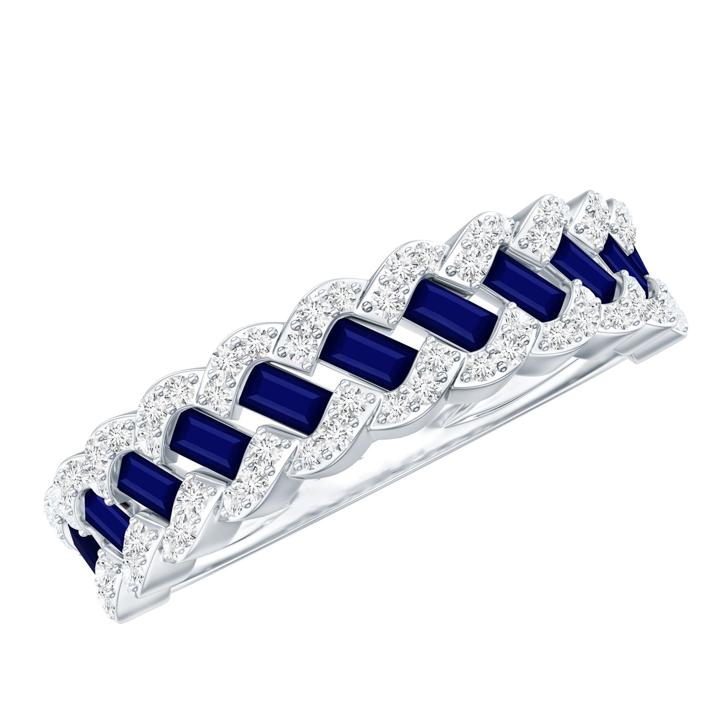 Natural Baguette Blue Sapphire Half Eternity Ring with Diamond