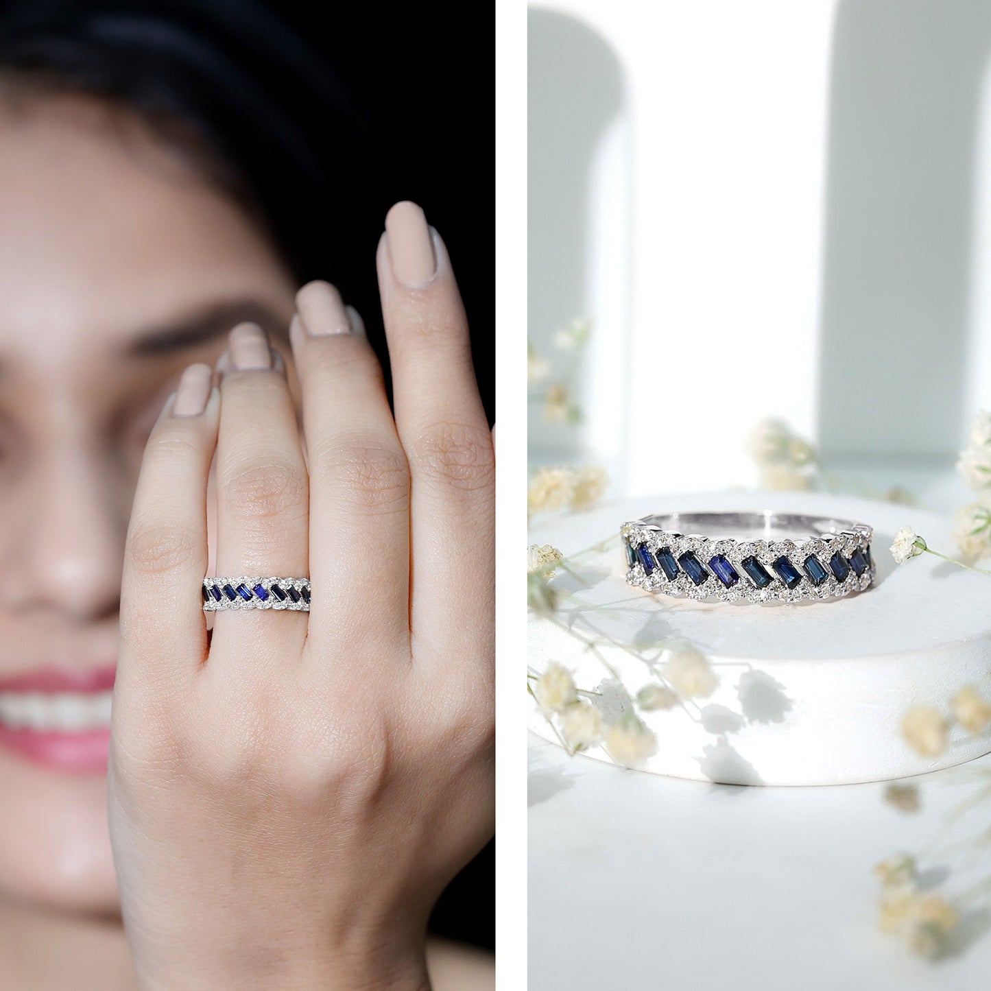 Natural Baguette Blue Sapphire Half Eternity Ring with Diamond