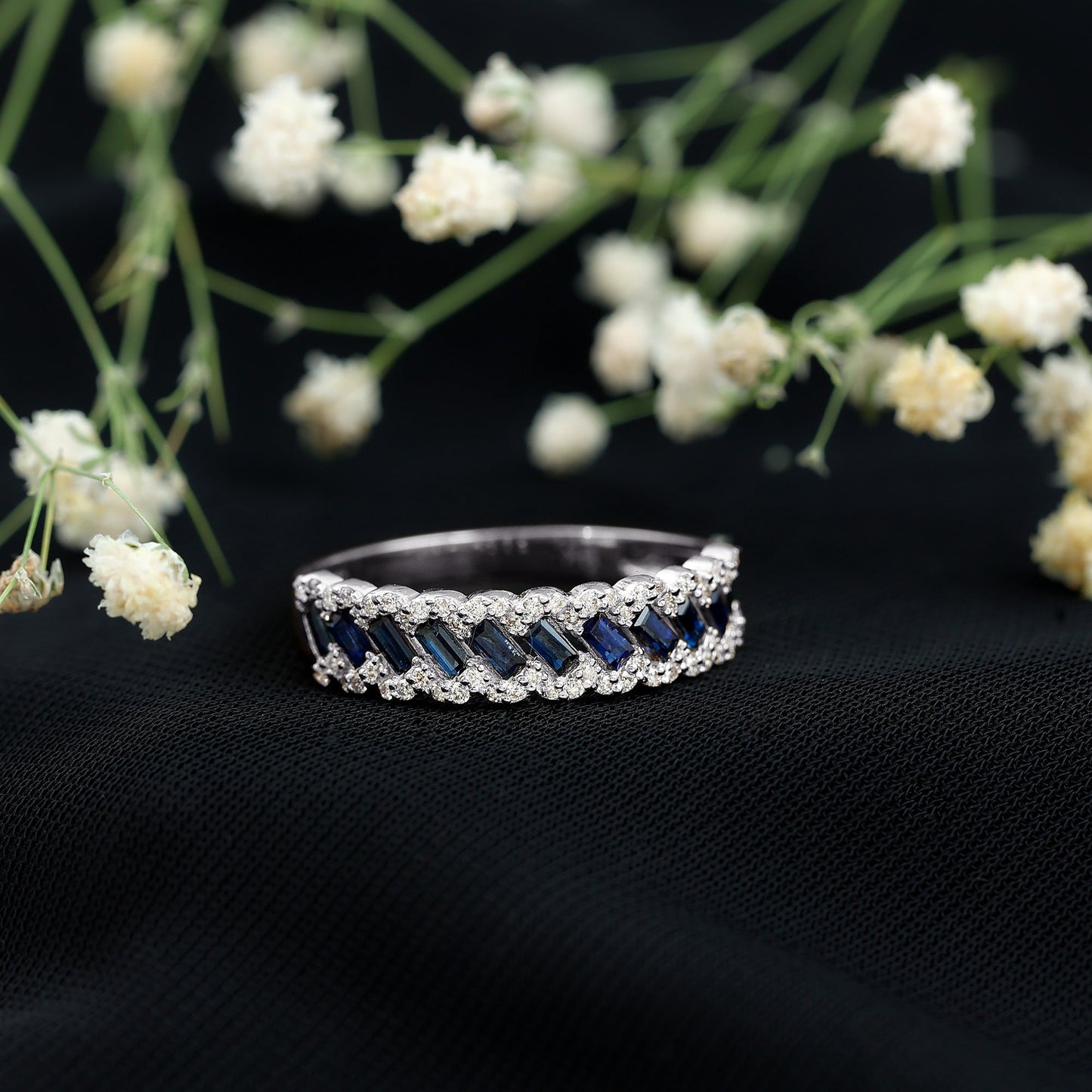 Natural Baguette Blue Sapphire Half Eternity Ring with Diamond