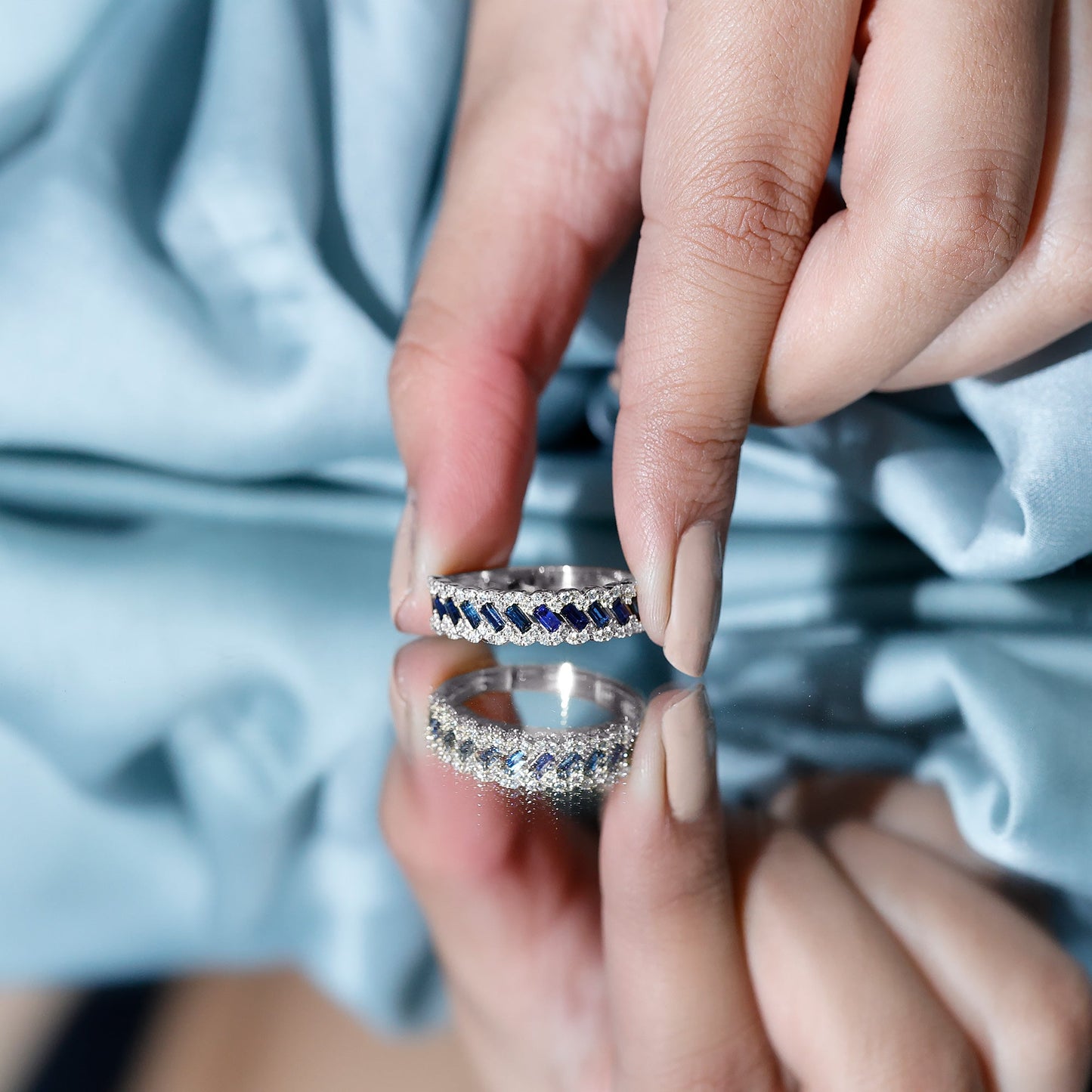 Natural Baguette Blue Sapphire Half Eternity Ring with Diamond
