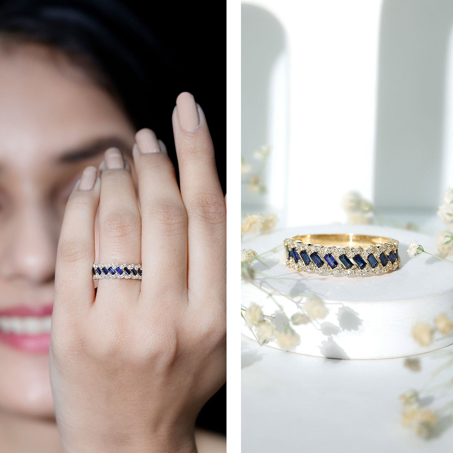 Natural Baguette Blue Sapphire Half Eternity Ring with Diamond