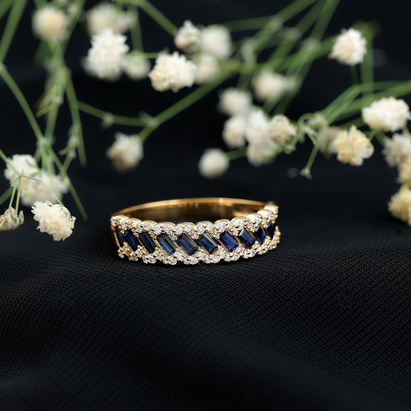 Natural Baguette Blue Sapphire Half Eternity Ring with Diamond
