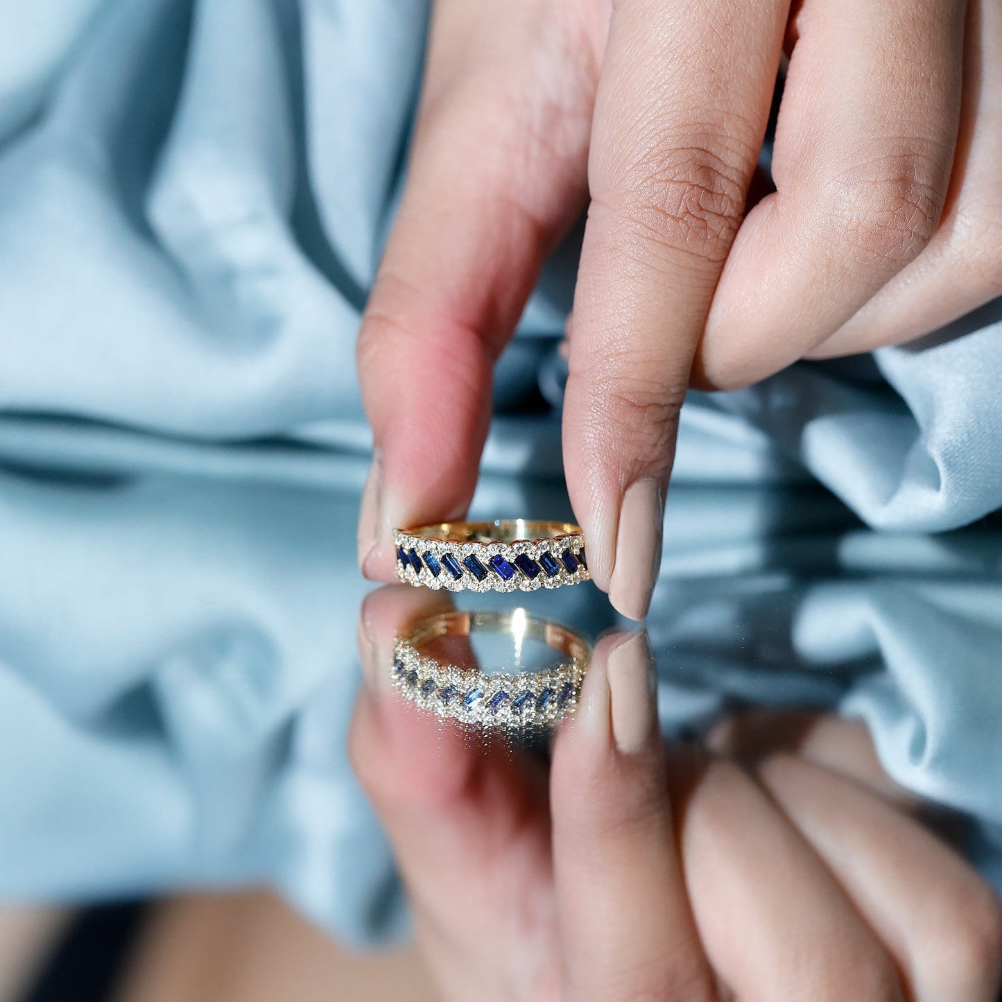 Natural Baguette Blue Sapphire Half Eternity Ring with Diamond