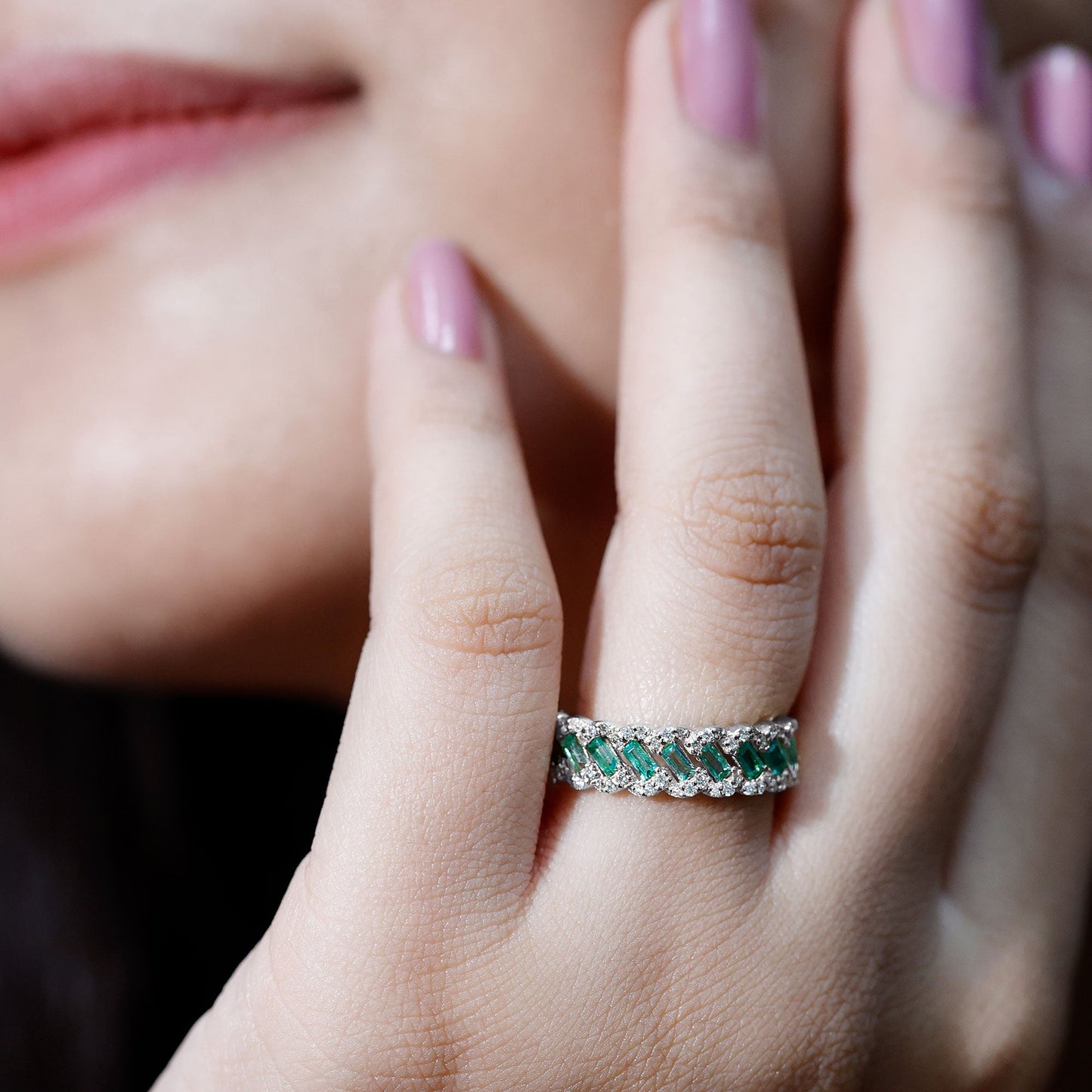 Baguette Emerald and Diamond Braided Half Eternity Band Ring