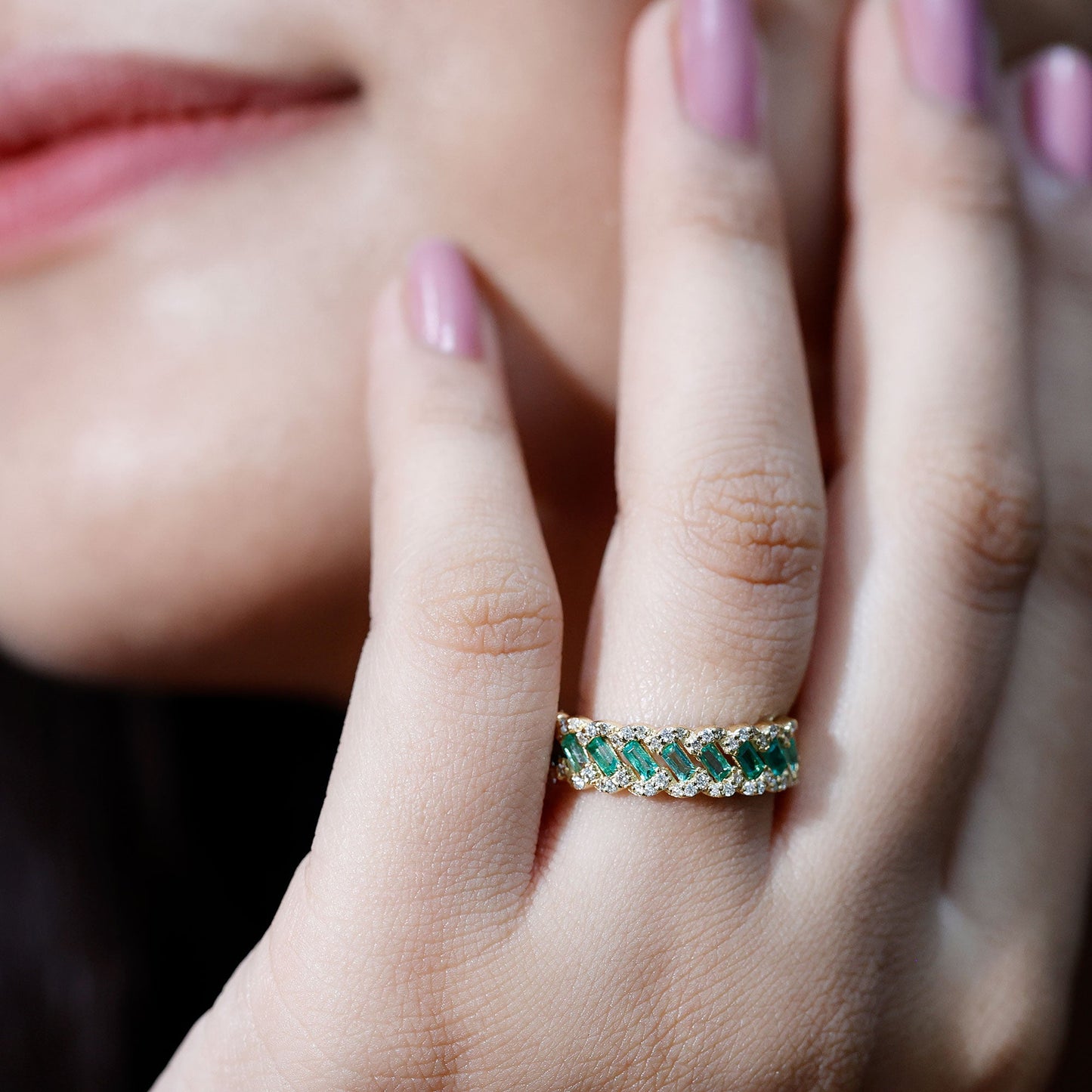 Baguette Emerald and Diamond Braided Half Eternity Band Ring