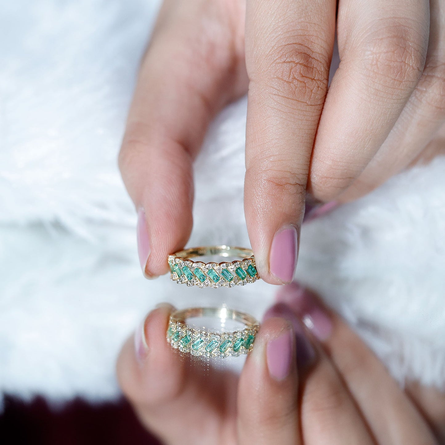 Baguette Emerald and Diamond Braided Half Eternity Band Ring