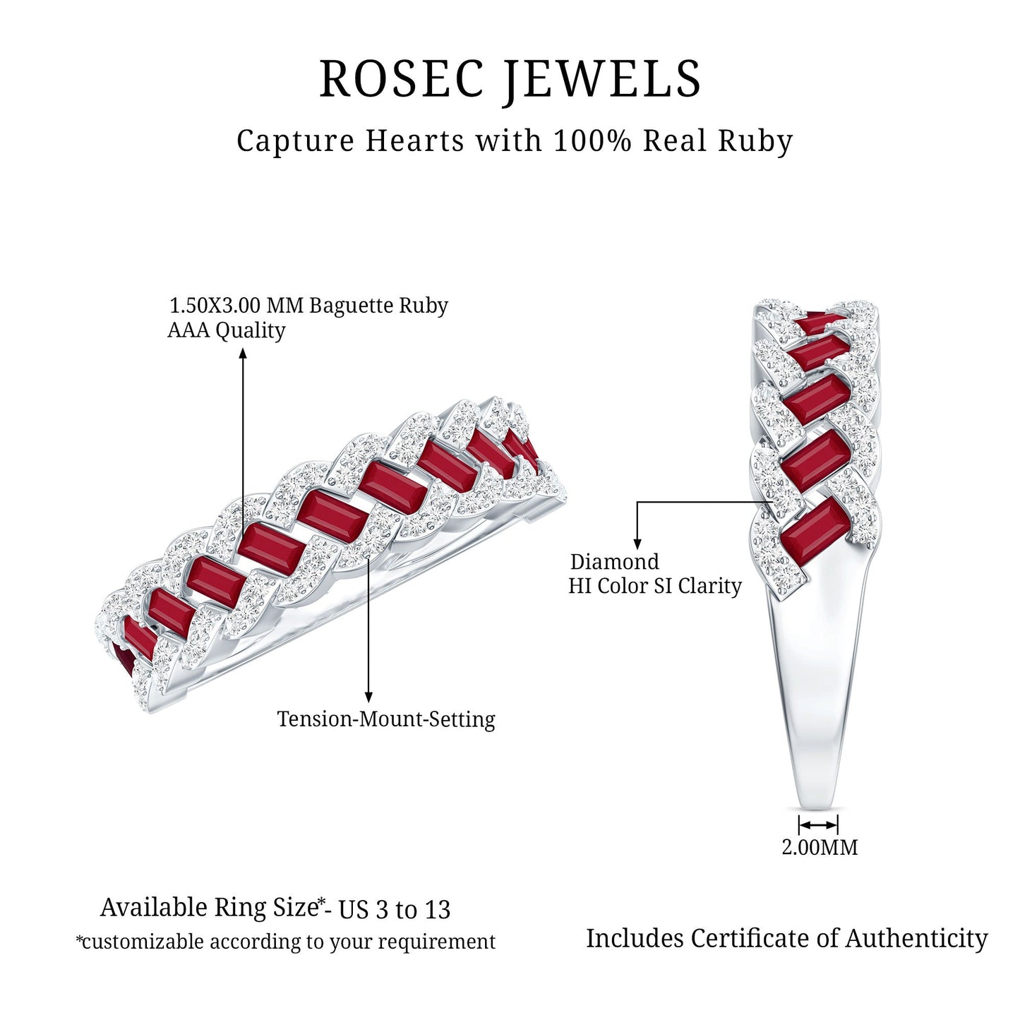 Natural Baguette Ruby Half Eternity Band with Diamond