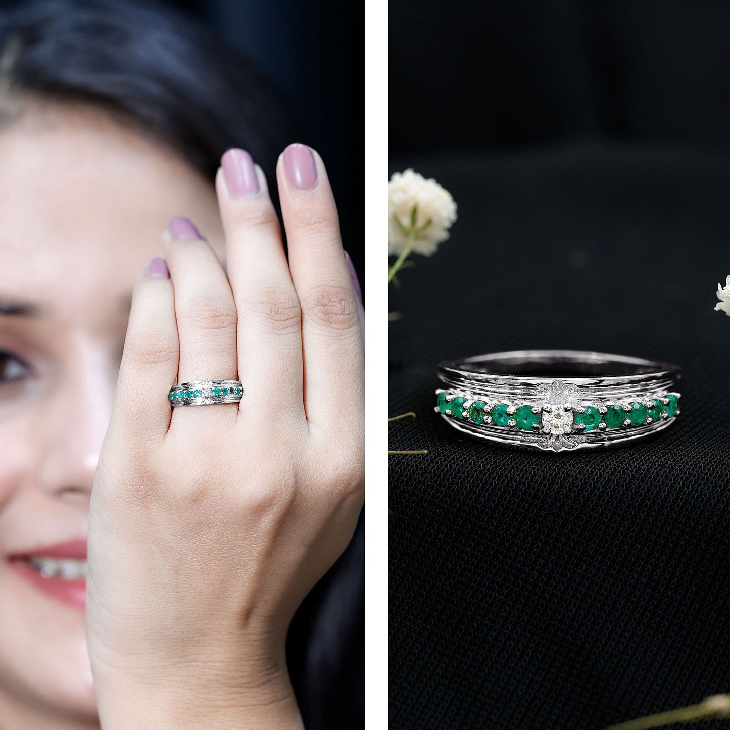 Real Diamond and Emerald Anniversary Ring for Women