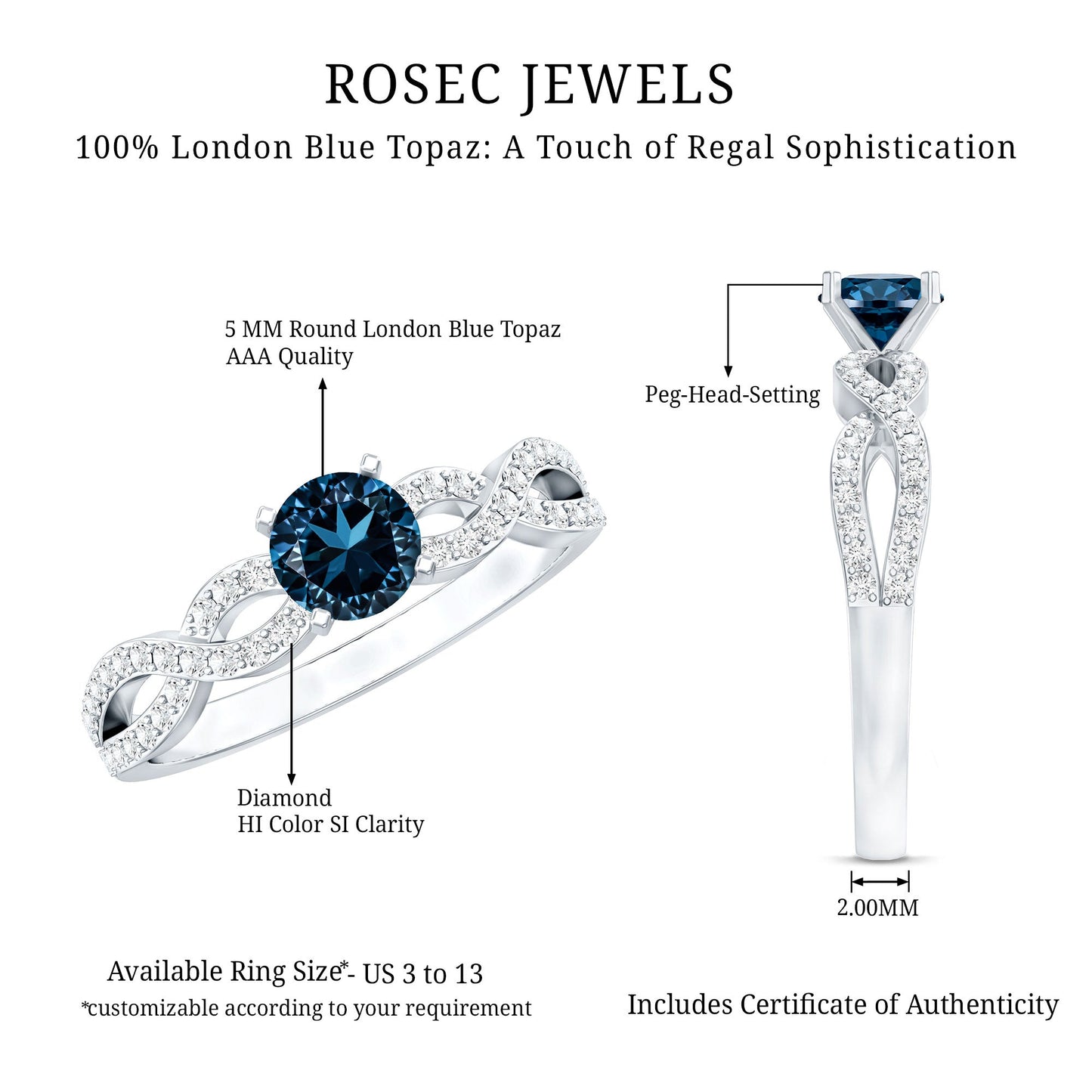 Round Blue Topaz Infinity Engagement Ring with Diamonds