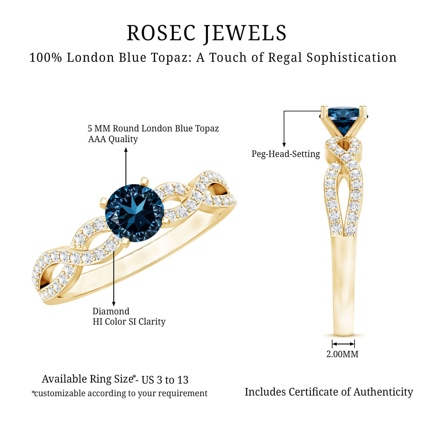 Round Blue Topaz Infinity Engagement Ring with Diamonds