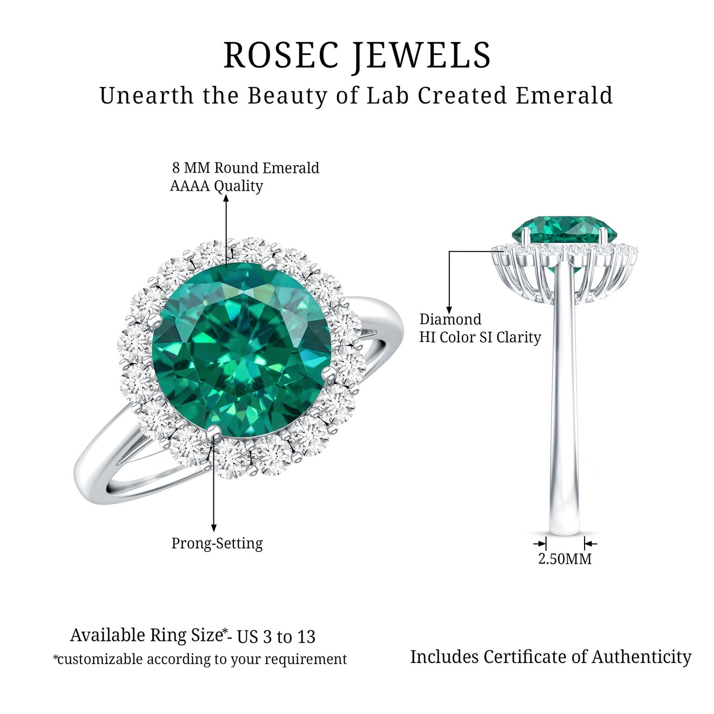2 Carat Lab Grown Emerald Classic Engagement Ring with Diamond Halo
