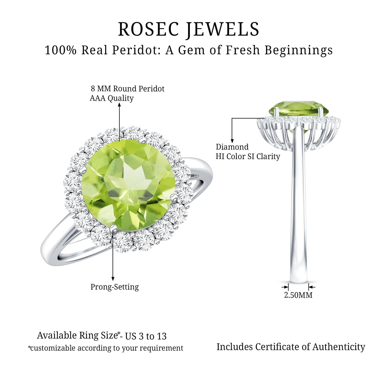 2 Carat Round Peridot and Diamond Halo Engagement Ring
