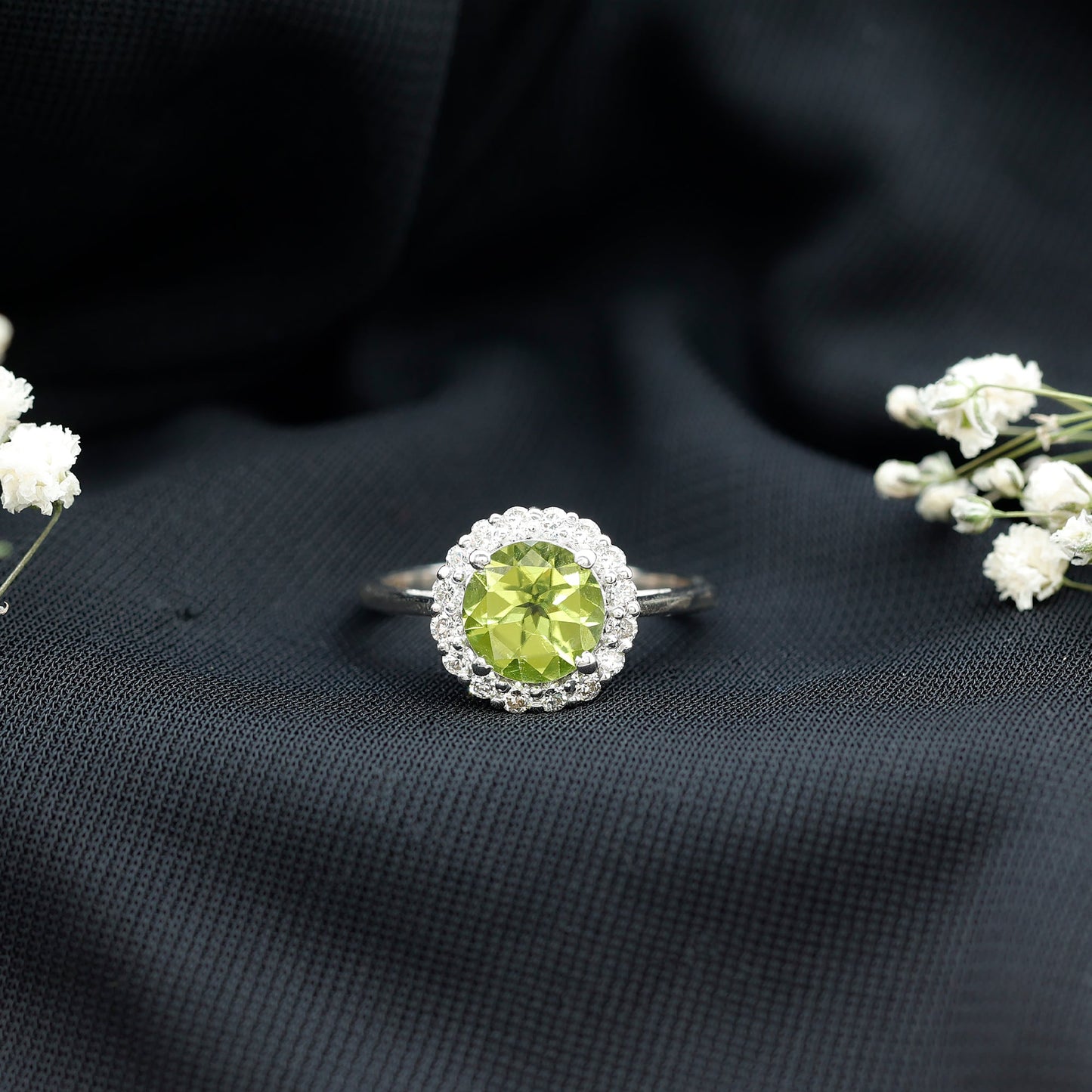 2 Carat Round Peridot and Diamond Halo Engagement Ring