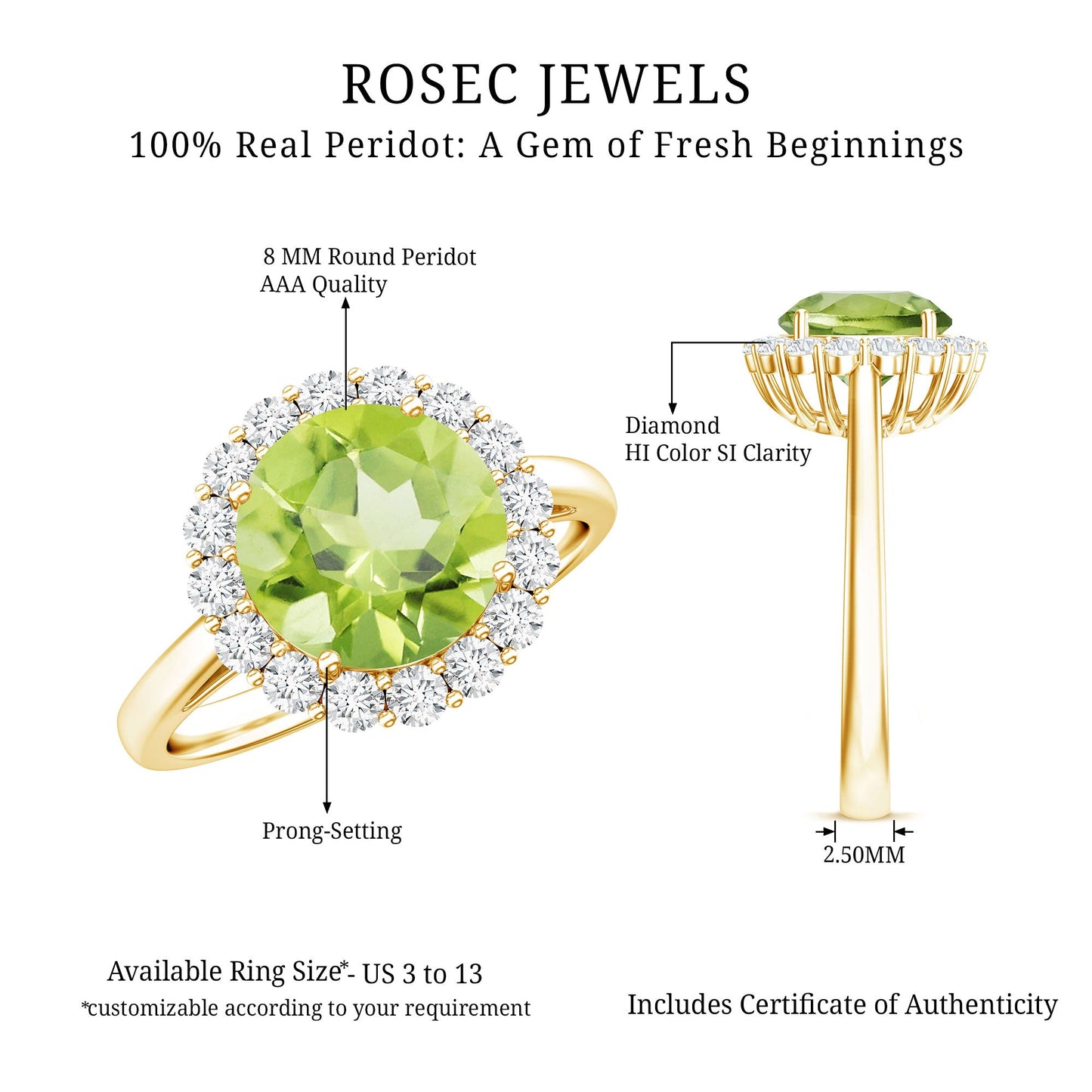 2 Carat Round Peridot and Diamond Halo Engagement Ring