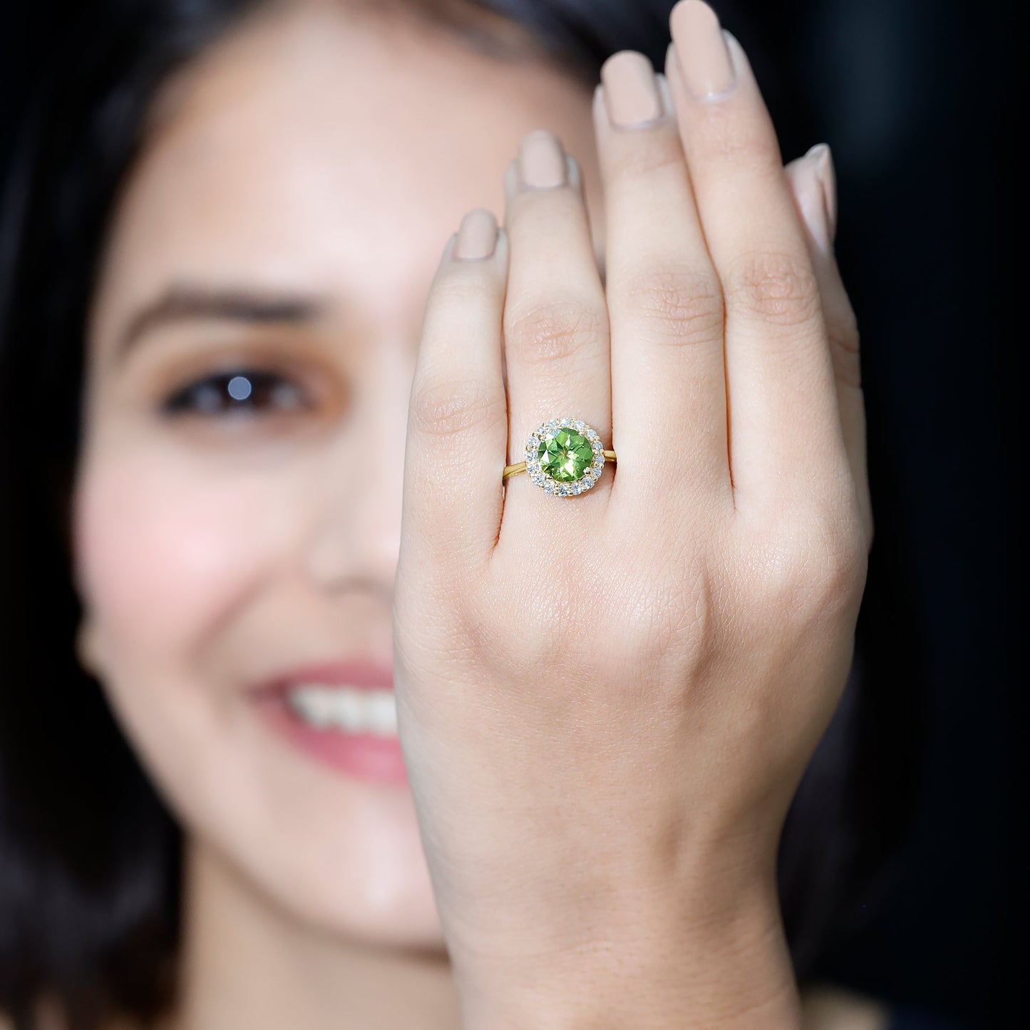 2 Carat Round Peridot and Diamond Halo Engagement Ring