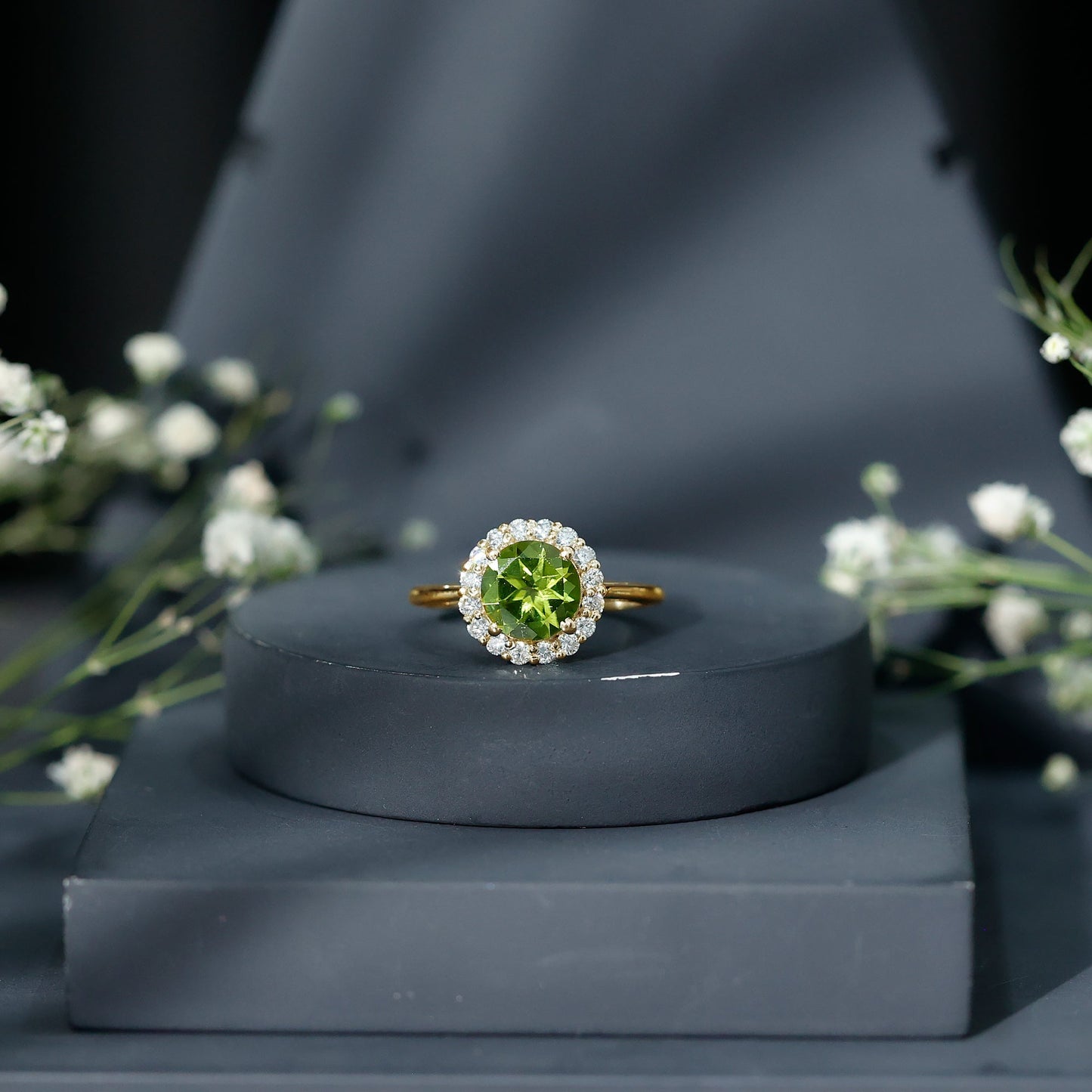 2 Carat Round Peridot and Diamond Halo Engagement Ring