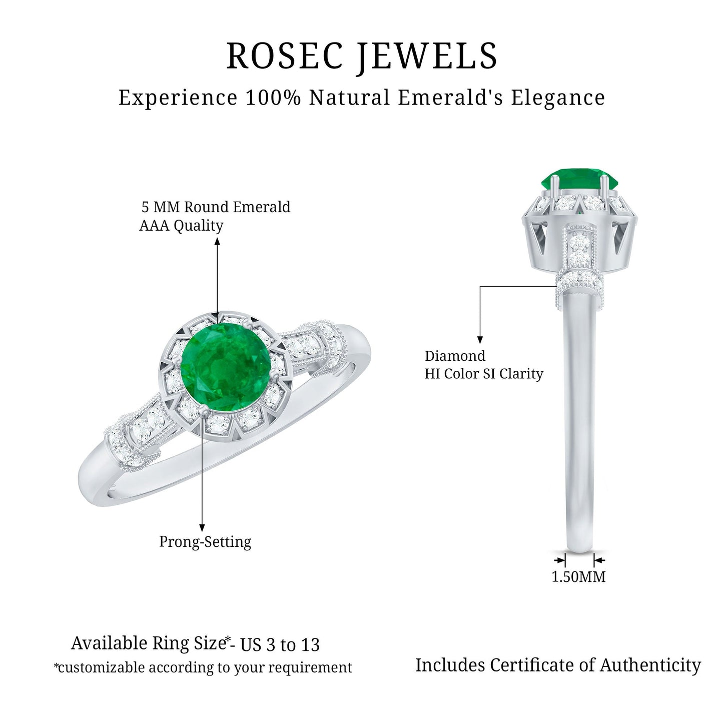 Vintage Inspired Emerald Engagement Ring with Diamond