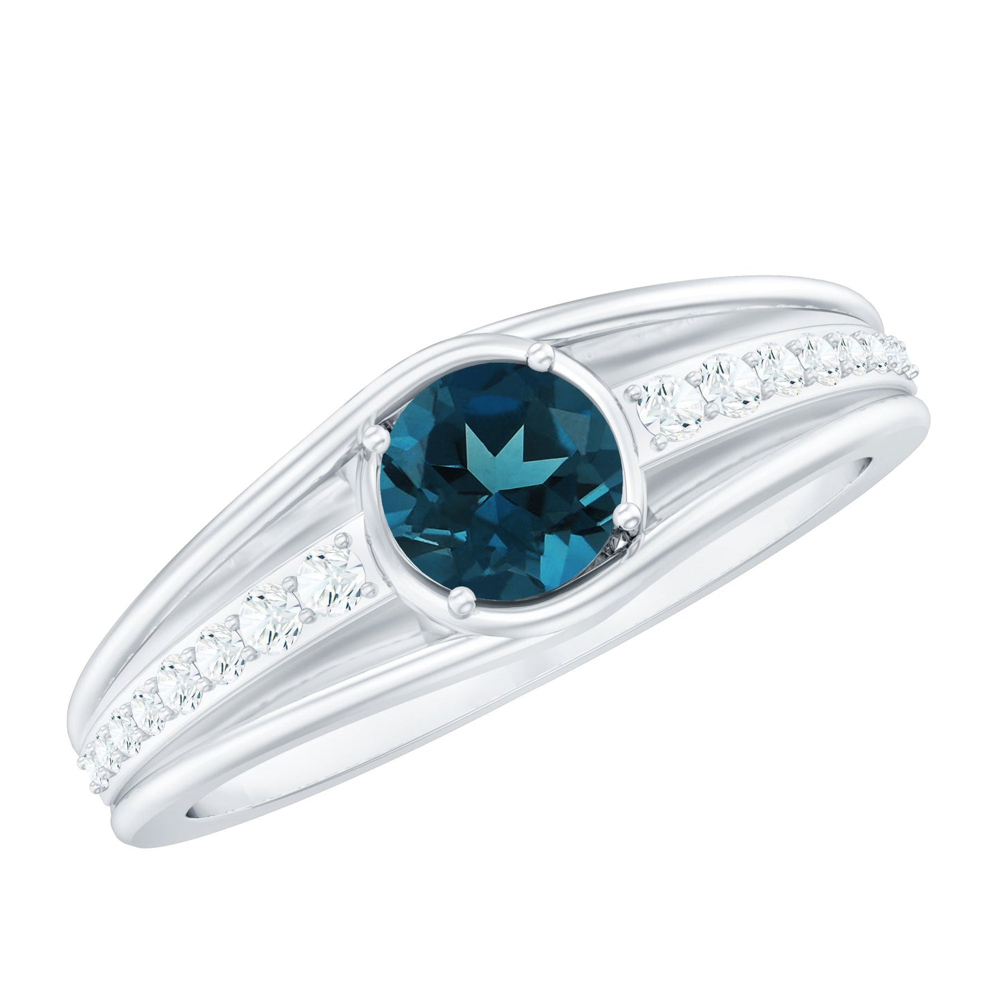 Genuine London Blue Topaz Engagement Ring with Diamond Side Stones