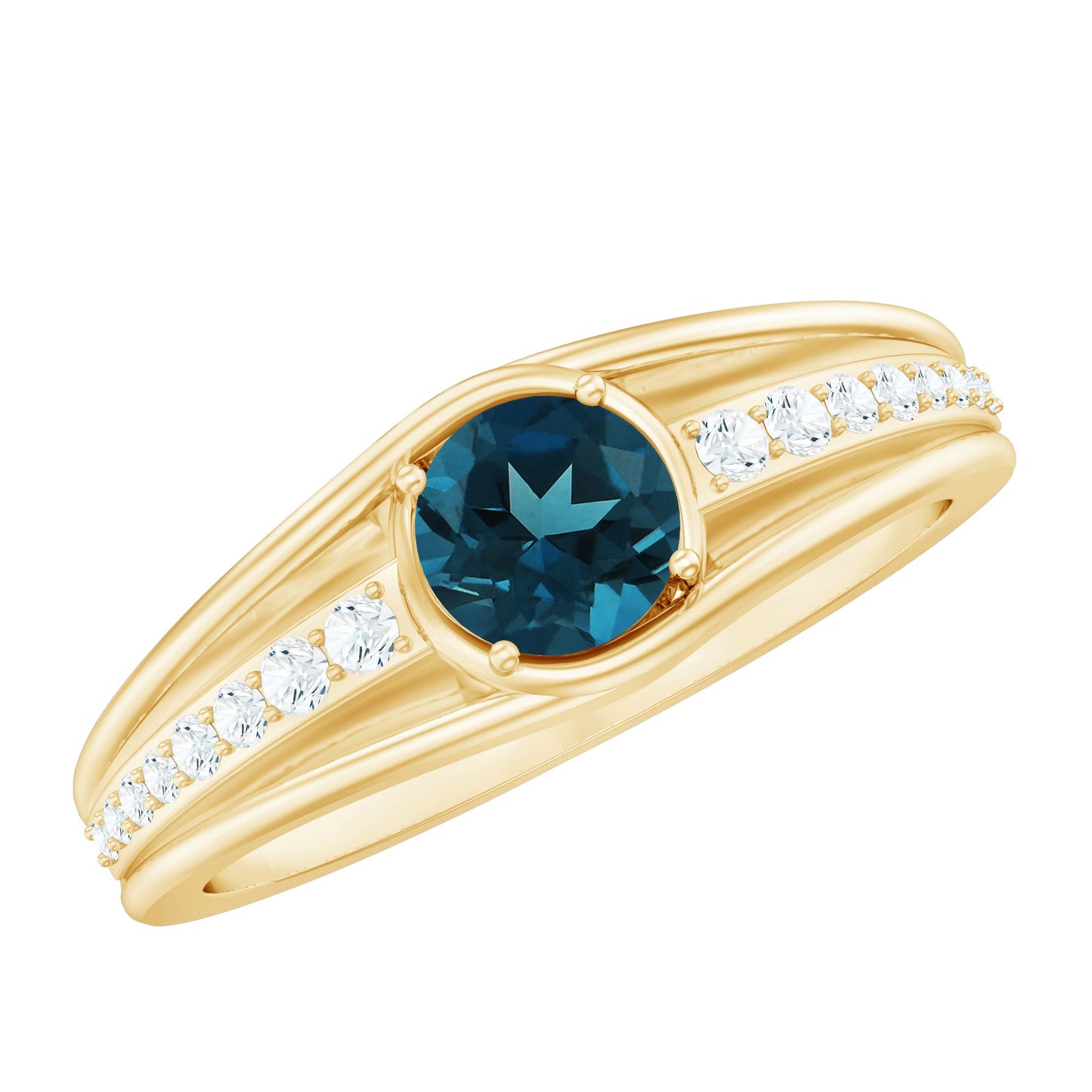 Genuine London Blue Topaz Engagement Ring with Diamond Side Stones