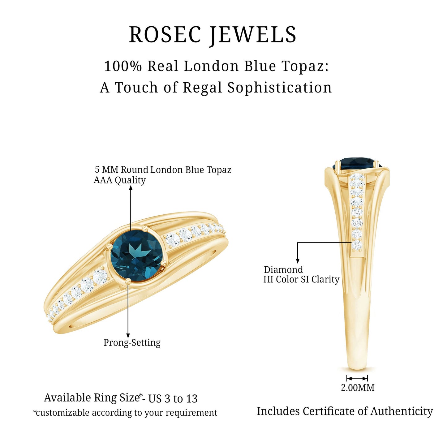 Genuine London Blue Topaz Engagement Ring with Diamond Side Stones