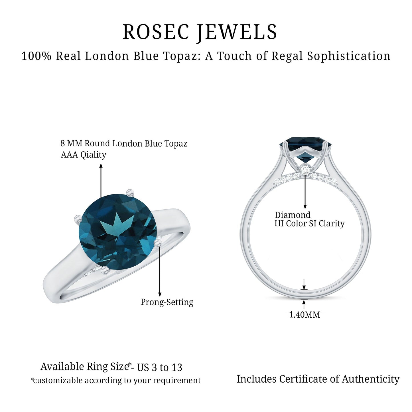 Solitaire Round London Blue Topaz Cathedral Engagement Ring