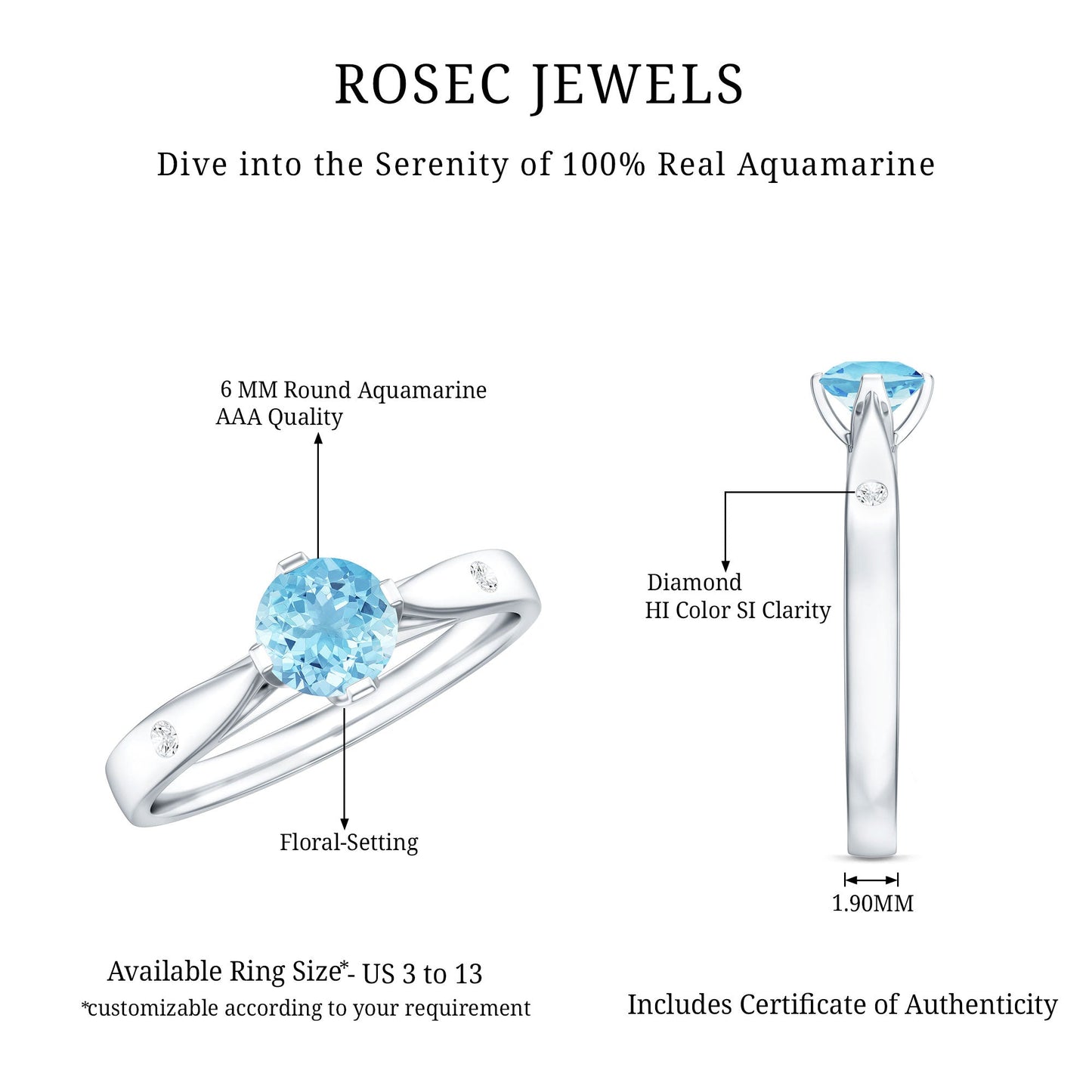 6 MM Certified Aquamarine Solitaire Promise Ring with Diamond