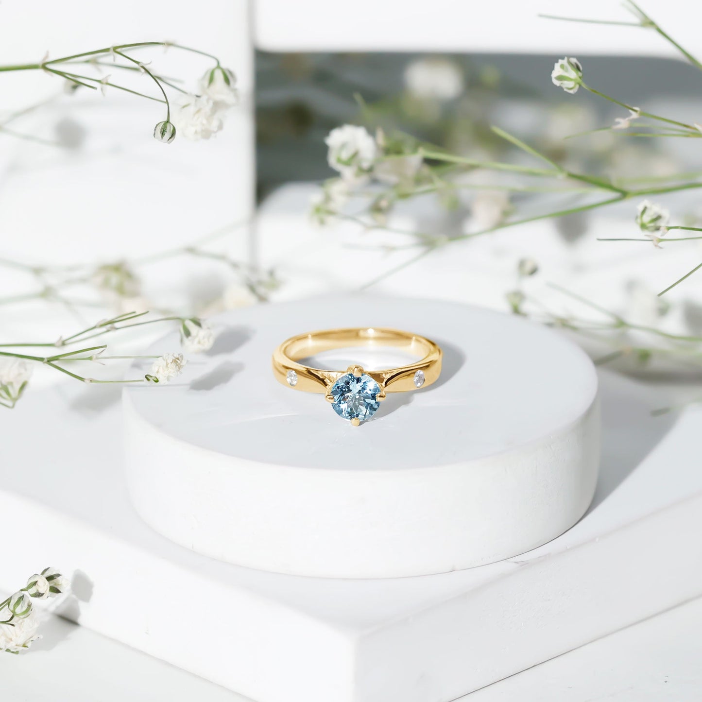 6 MM Certified Aquamarine Solitaire Promise Ring with Diamond
