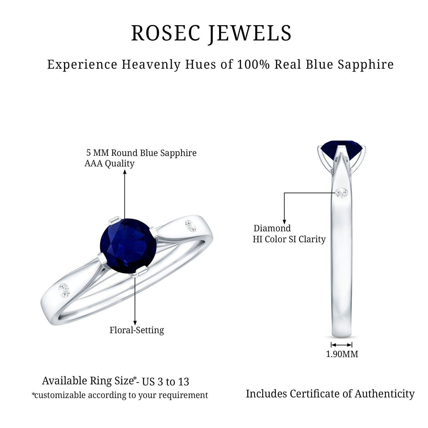 Round Cut Certified Blue Sapphire Promise Ring with Diamond