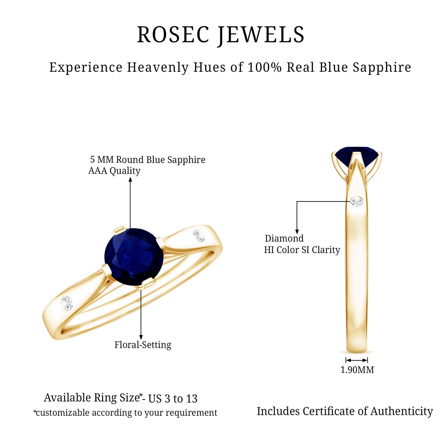 Round Cut Certified Blue Sapphire Promise Ring with Diamond