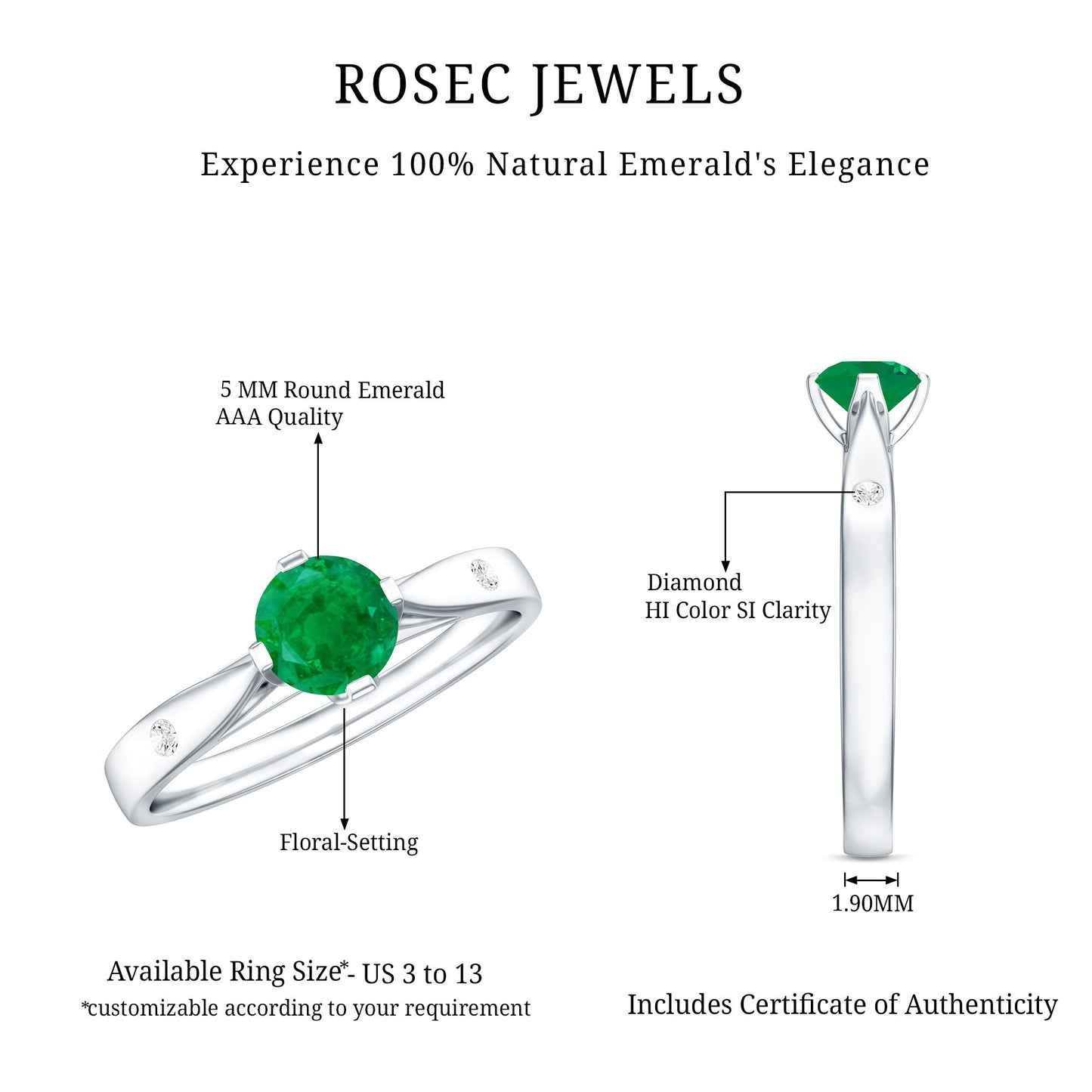 Natural Emerald Diamond Promise Ring with Pinched Shank