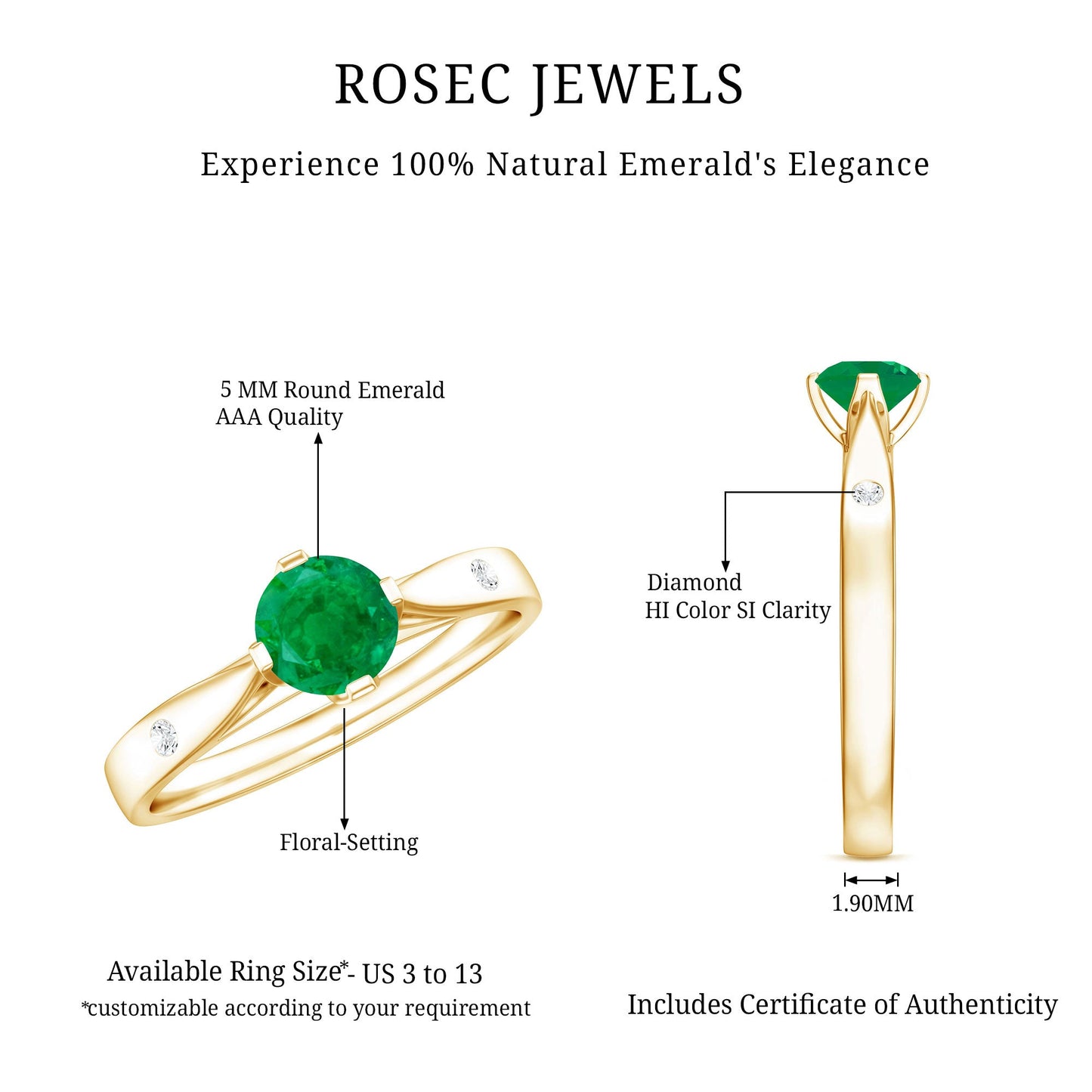 Natural Emerald Diamond Promise Ring with Pinched Shank