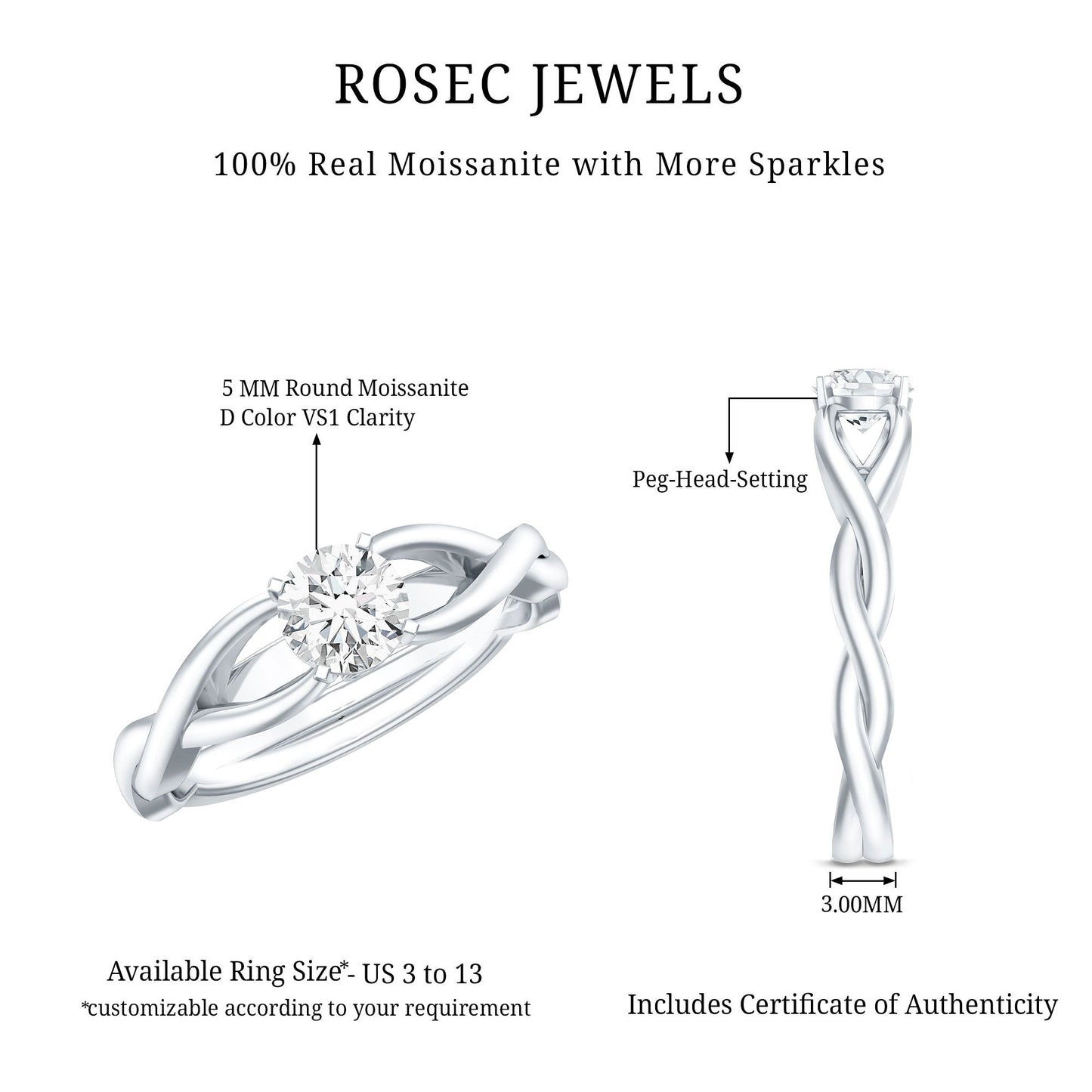 Certified Moissanite Solitaire Engagement Ring in Crossover Shank