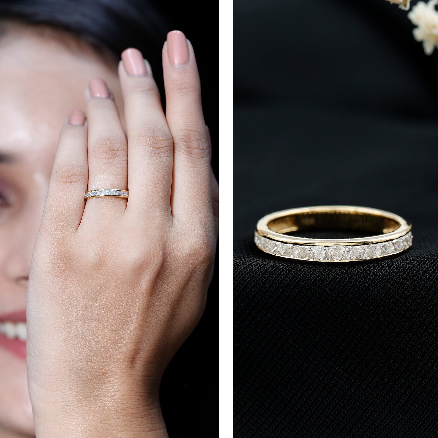 Princess Cut Moissanite Half Eternity Band Ring in Channel Setting